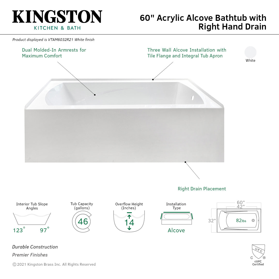 Aqua Eden 60 Inch Acrylic Rectangular 3-Wall Alcove Bathtub with Armrests - Right Hand Drain, Glossy White - Perfect for Modern Bathroom Renovations and Spa-Like Relaxation