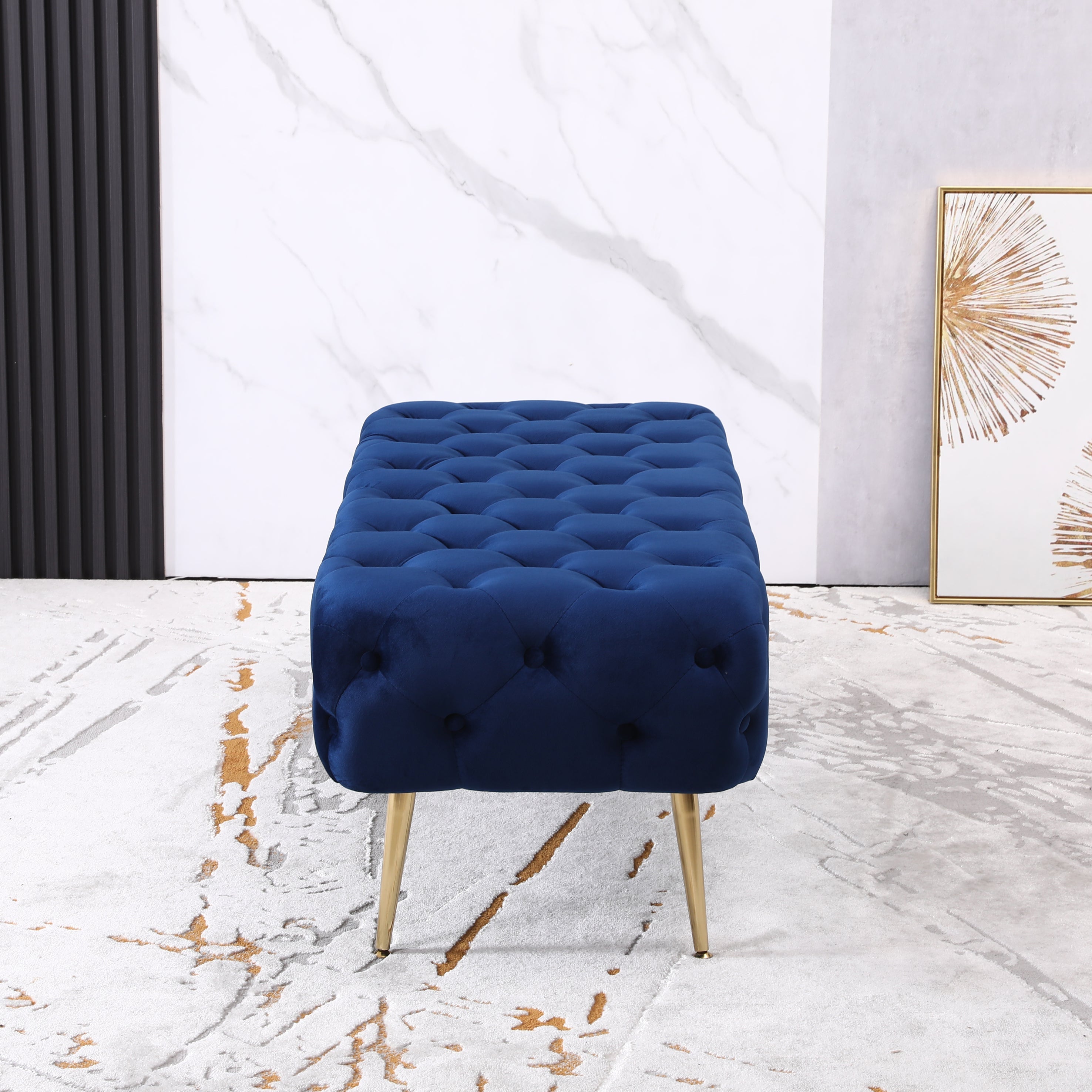 Roundhill Furniture Sira Velvet Button Tufted Bench with Gold Metal Legs - Luxurious Blue Upholstered Seat for Bedroom, Living Room & Entryway Decor