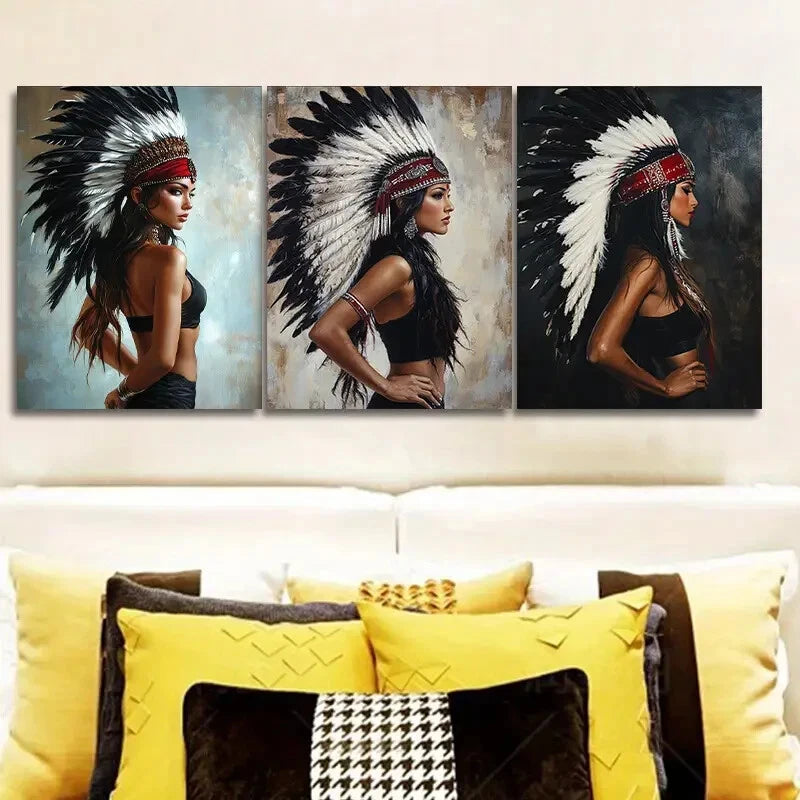 3pcs Indian Girl Feathered Headdress Wall Art Set - Framed Canvas 40x60cm, High Quality Print, 100% Australian Made, Ready to Hang - Perfect for Nursery, Bedroom & Boho Home Decor