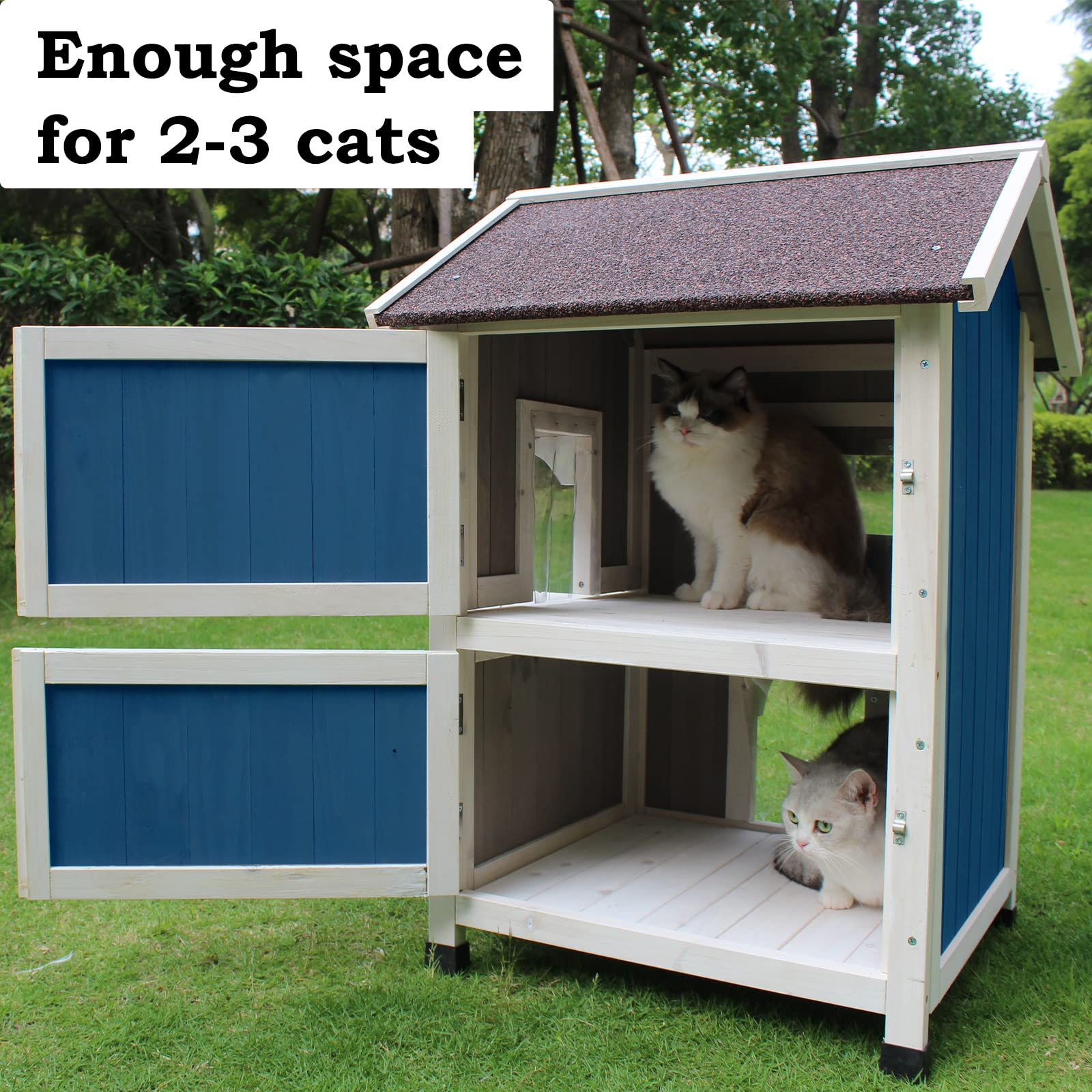 Rockever Weatherproof Outdoor Cat House - Large Wooden Shelter for Feral Cats with Escape Door | Durable Protection for Outdoor, Stray & Backyard Cats in All Seasons