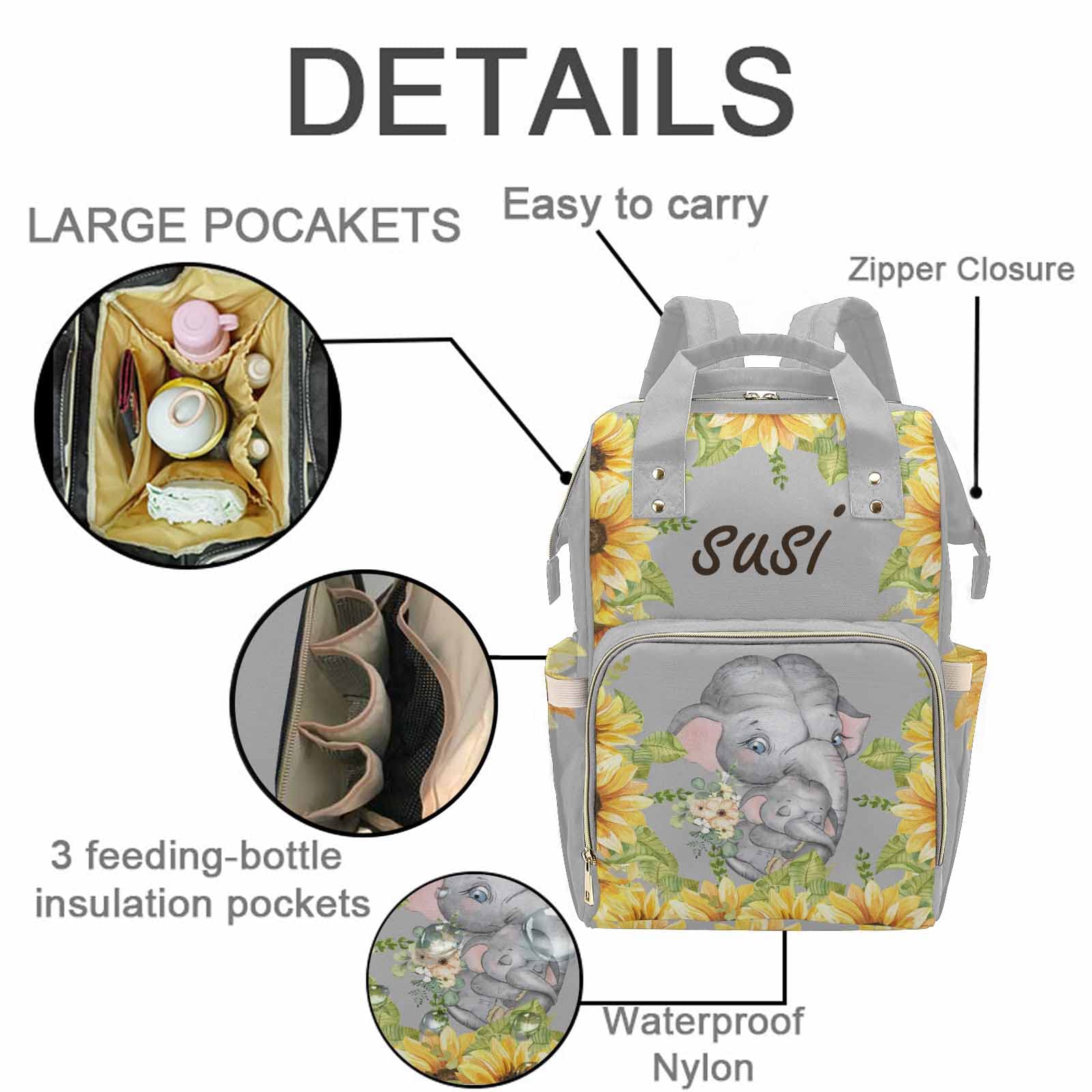 **Personalized Gray Sunflower Elephant Diaper Backpack – Large Waterproof Baby Bag for Boys & Girls, Custom Name Nappy Organizer for Moms & Dads – Perfect for Travel, Nursing & Daily Use**