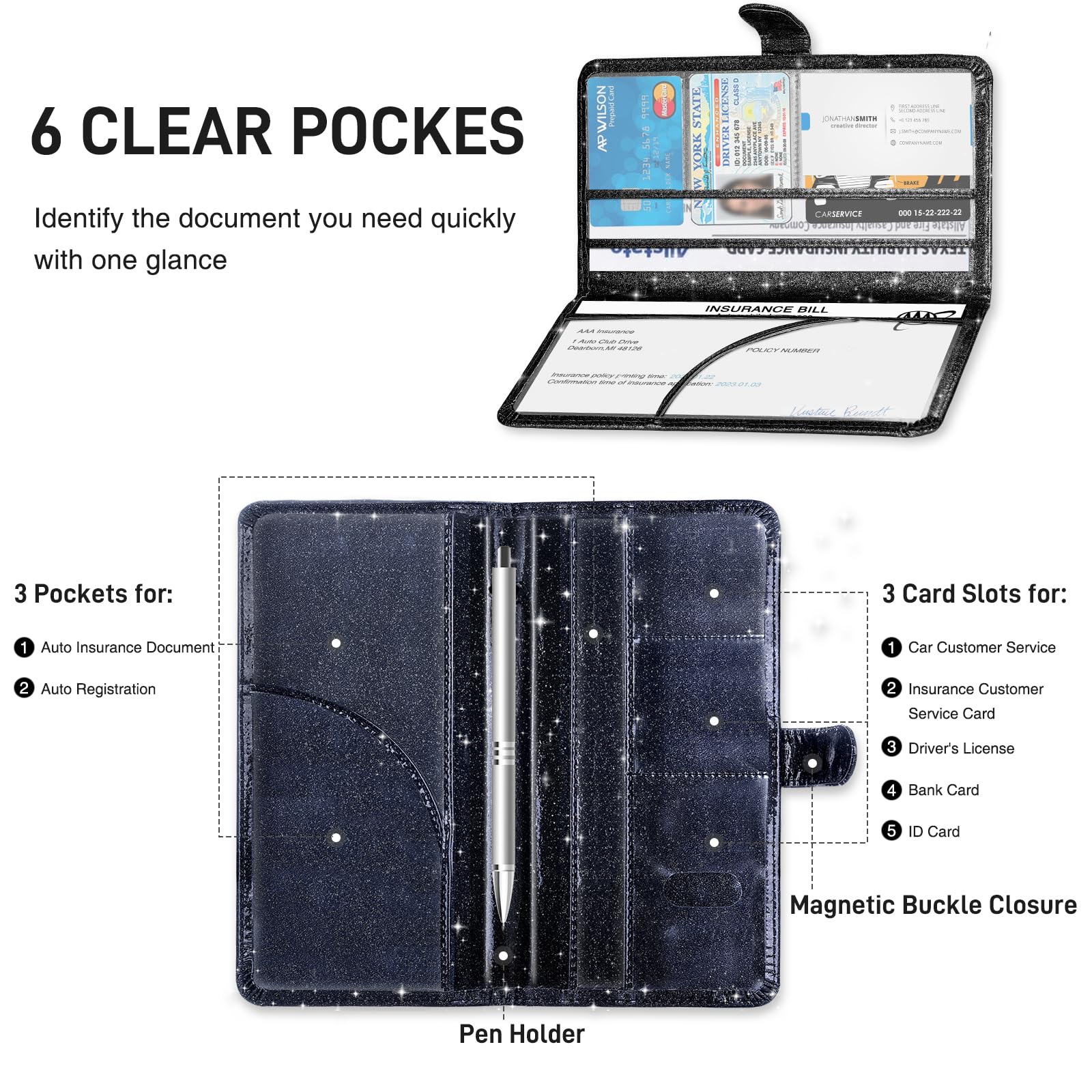 Car Registration and Insurance Card Holder - Vehicle Document Organizer for License, Insurance Cards & Paperwork - Perfect for Glove Box, Dashboard or Center Console Storage - Car Accessories Must-Have