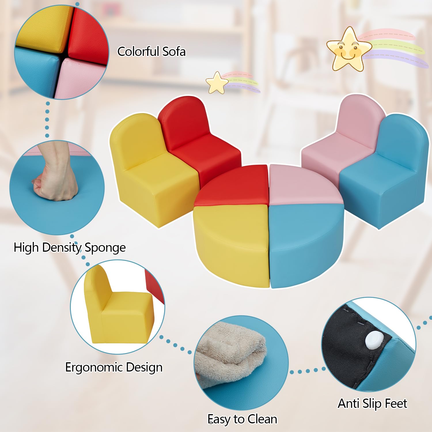 Kinsuite Kids Sofa Seating Set - Convertible to Table & 4 Chairs | Colorful Toddler Stools with Soft Foam | 8-Piece Play Furniture Set for Classroom, Playroom & Daycare | Safe & Fun Learning Environment