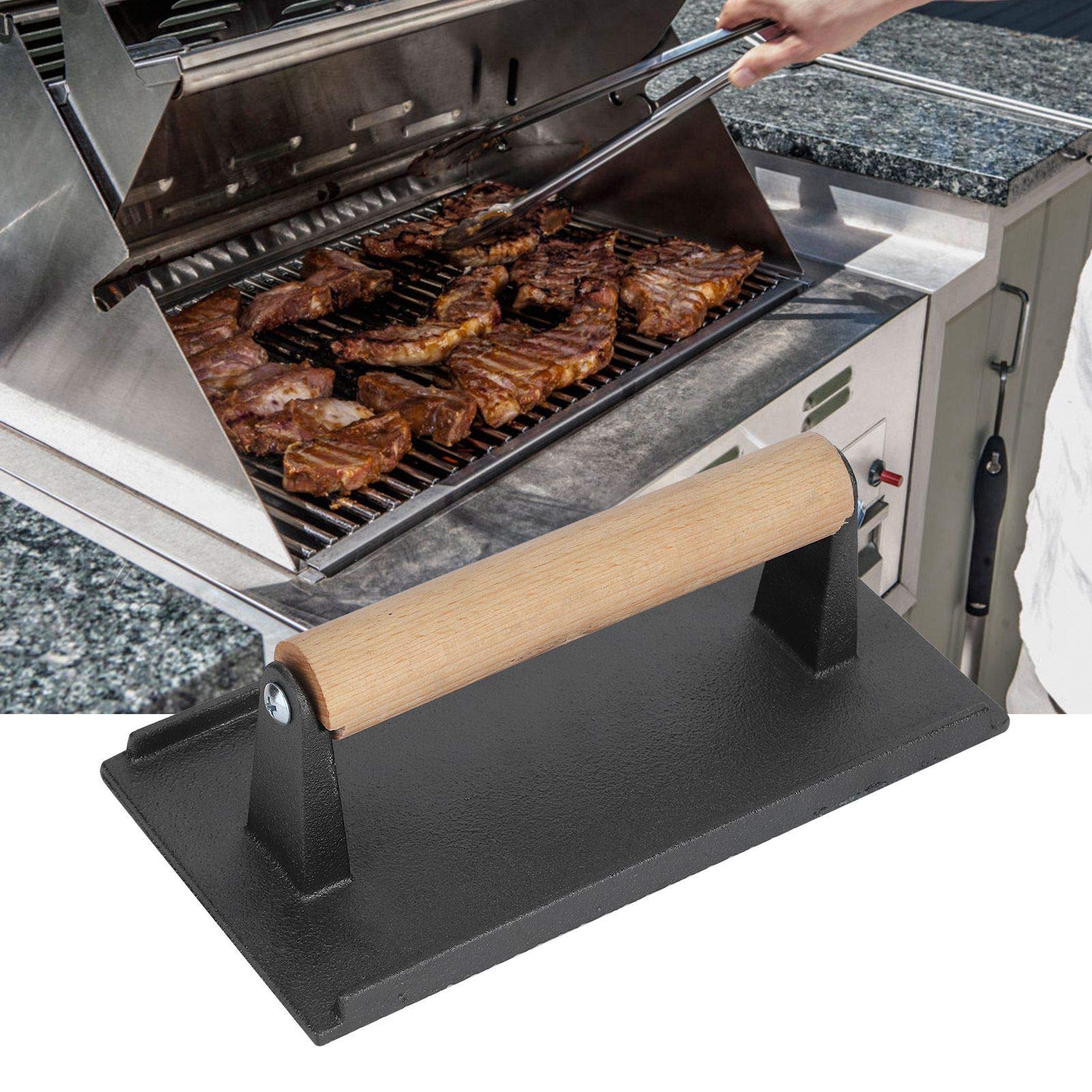 Heavy Duty Cast Iron Grill Press with Solid Wood Handle - Perfect for BBQ, Steak, Burgers & Panini - Ideal for Outdoor Grilling, Indoor Cooking & Restaurant Use