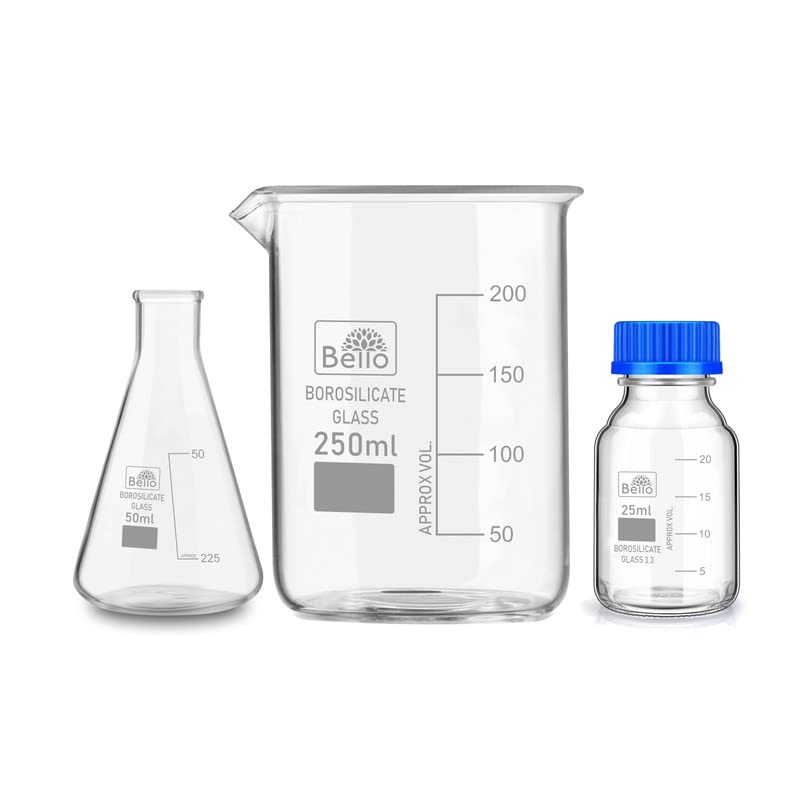 Premium Borosilicate Glass Lab Set - 50ml Conical Flask, 250ml Beaker & 25ml Reagent Bottle with Blue Screw Cap (3-Piece Kit) for Chemistry Experiments, Scientific Research & Professional Laboratories