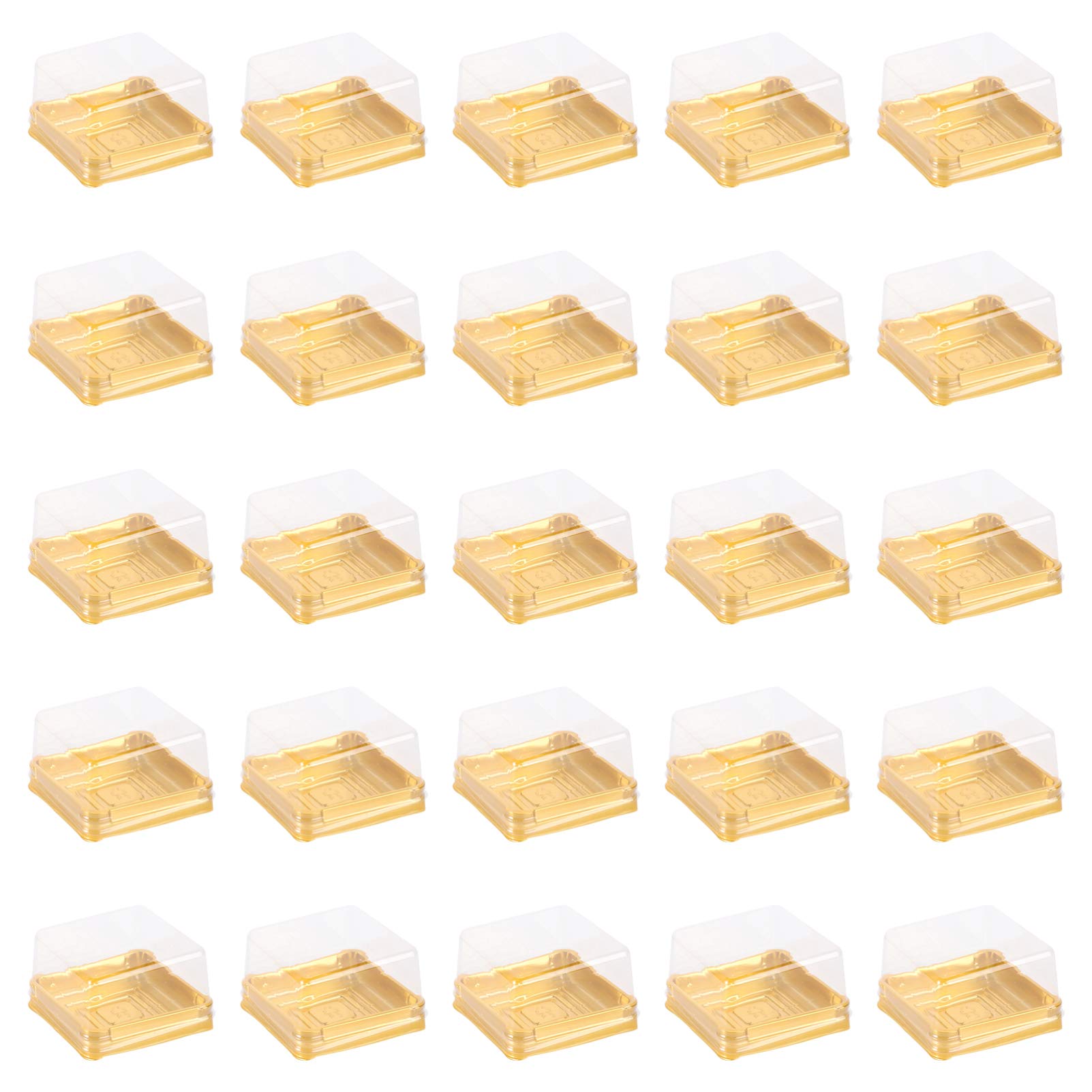DOITOOL 50-Pack Clear Plastic Mooncake Boxes with Transparent Lids - Mini Cupcake Containers, Cookie & Muffin Dome Boxes, Single Cupcake Holders for Wedding, Birthday Party (Gold) - Perfect for Dessert Displays, Bakery Packaging & Gift Giving