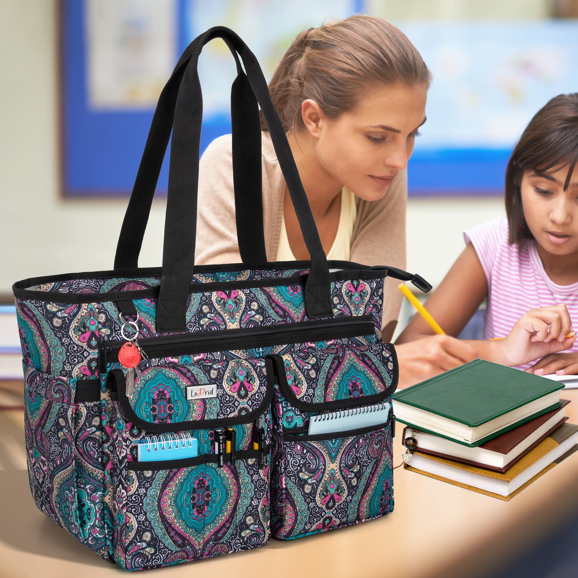 LoDrid Teacher Tote Bag with Bottom Pad & Separate Laptop Compartment (Fits 15.6 Inch) - Stylish Women's Work Bag for Teachers, Professionals & Commuters - Perfect for School, Office & Travel