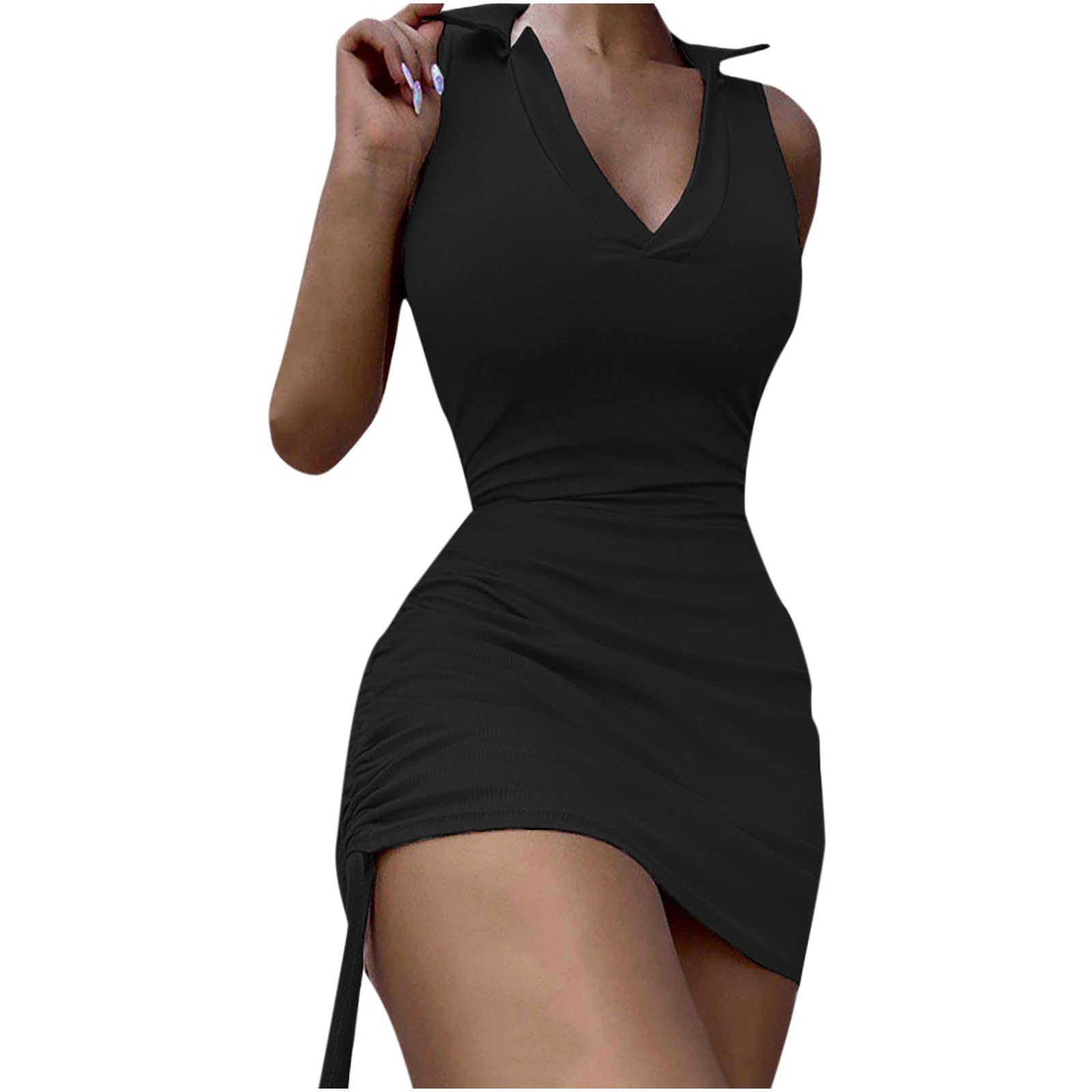 Sexy Women's Mini Knitted Bodycon Dress - V Neck Sleeveless Club Party Dress with Drawstring Waist, Summer Solid Tank Short Dress for Night Out, Date Night & Beach Vacations