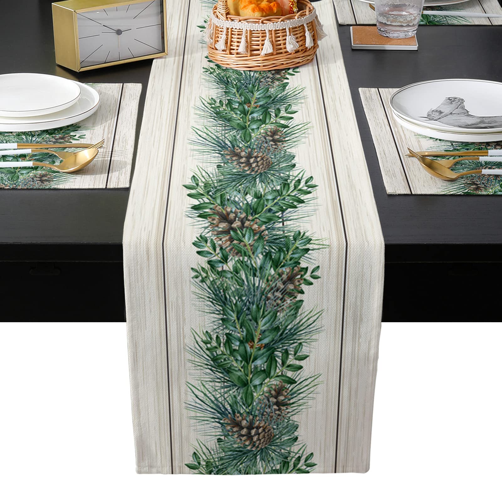 LBDEKOR Burlap Table Runner and 4-Piece Placemats Set - Christmas Pine Cones Design, Washable Farmhouse Dining Decor for Rustic Kitchen & Holiday Gatherings