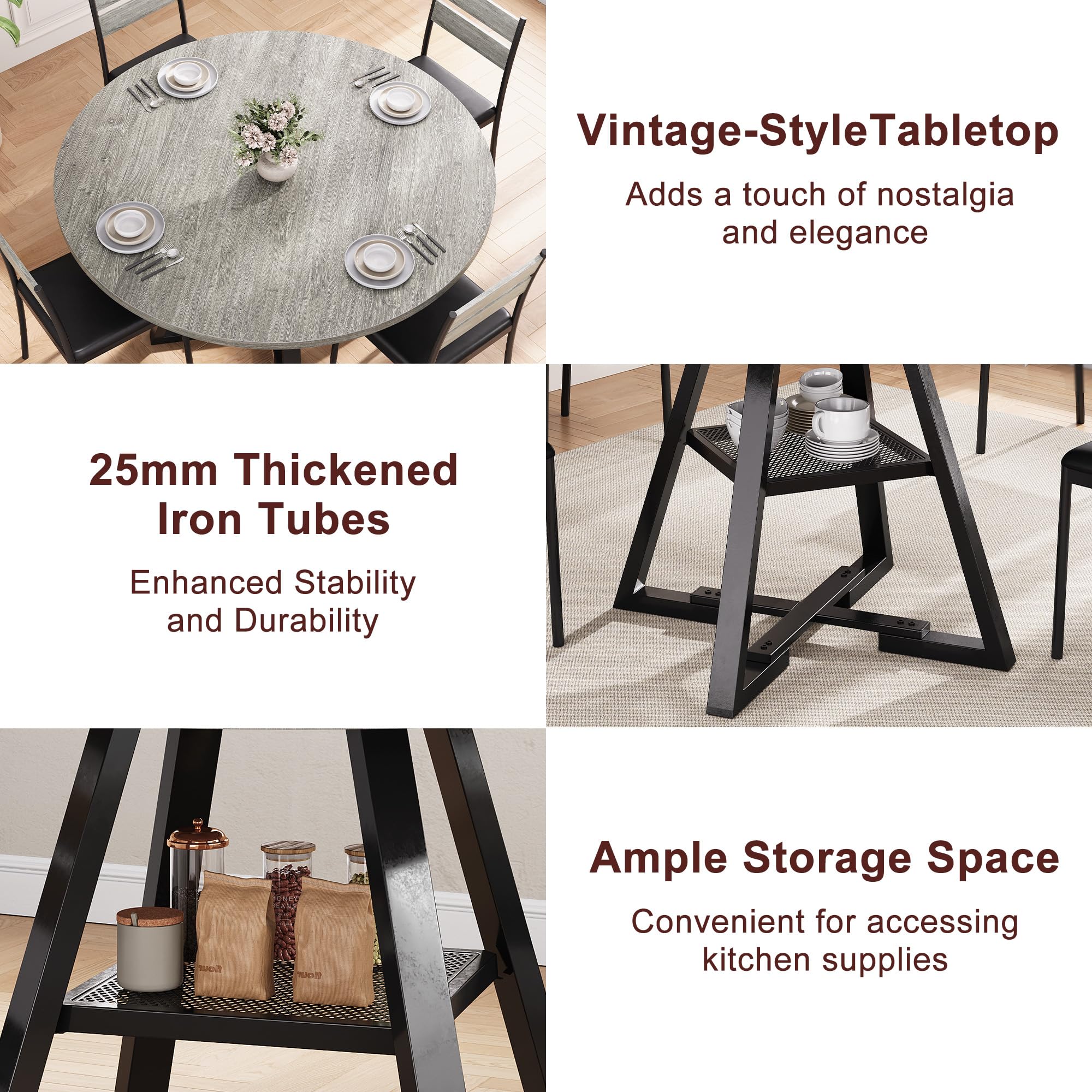 42 Inch Round Dining Table for 4 - Space Saving Wooden Kitchen & Dining Room Furniture with Pedestal Base, Grey - Perfect for Small Spaces, Breakfast Nooks & Cozy Family Meals