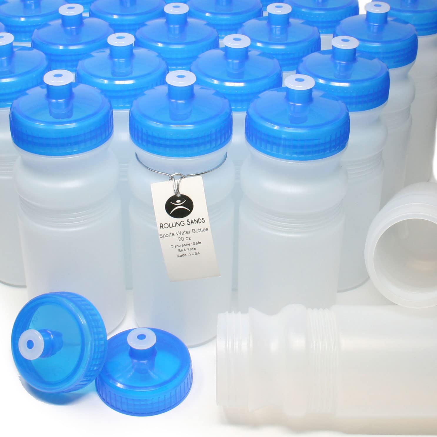 Rolling Sands 20oz BPA-Free Sports Water Bottles 100 Pack - Made in USA, Dishwasher Safe - Perfect for Gyms, Schools, Offices & Team Events