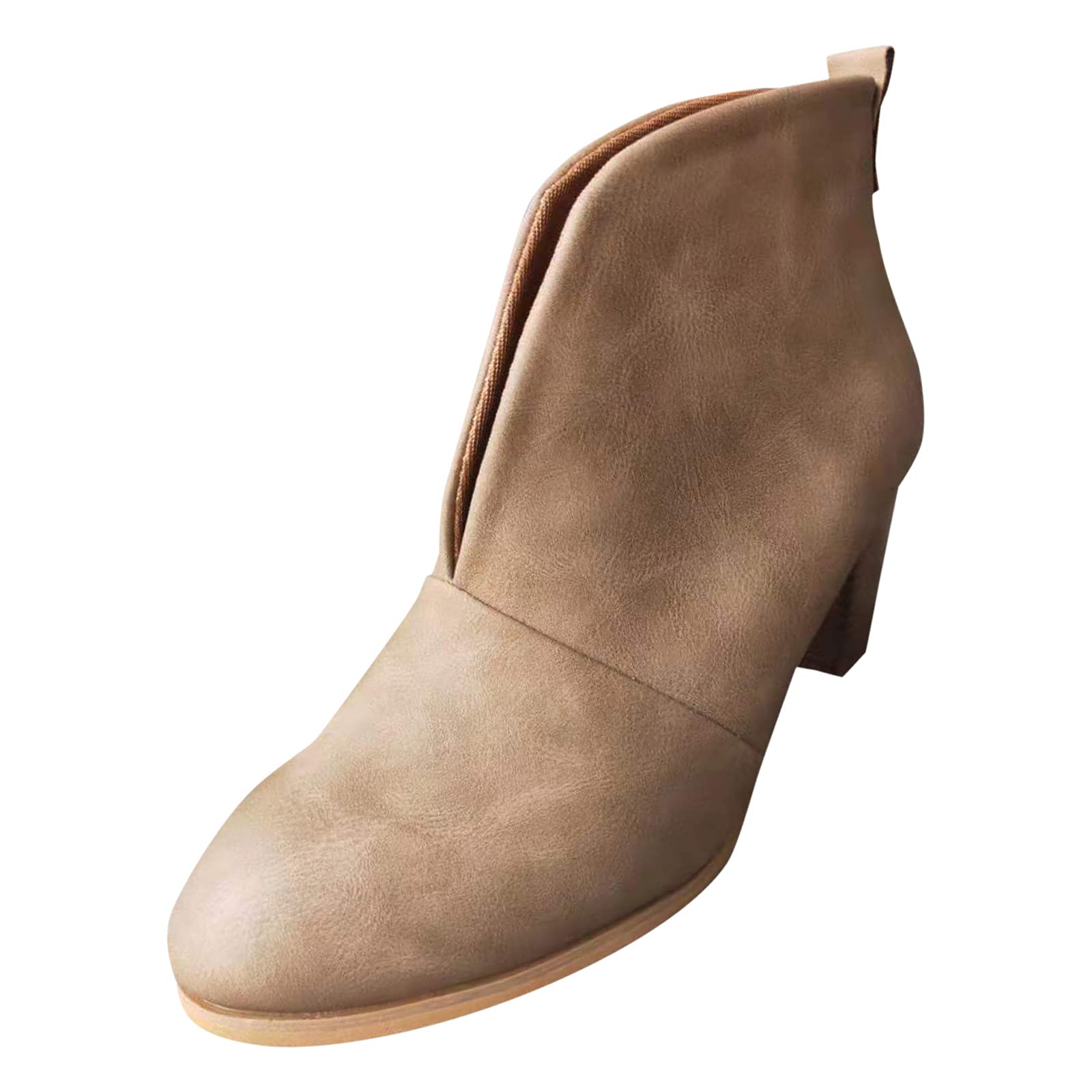 Stylish Women's Leather Ankle Booties with Stacked Heel - Dressy Short Boots for Fall & Winter Fashion (Khaki) | Perfect for Office, Parties & Casual Outfits