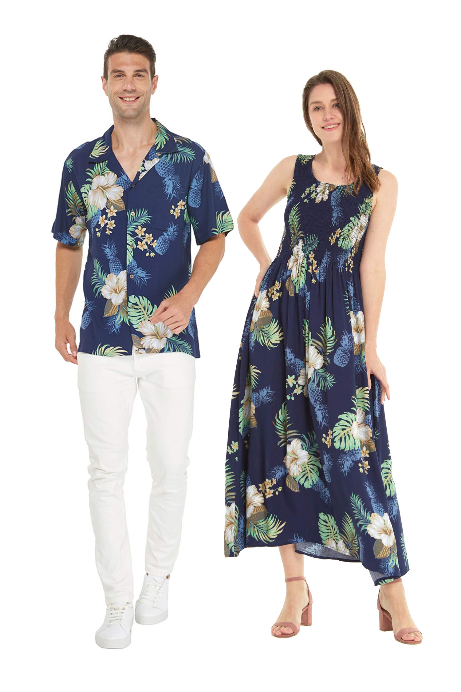 Stylish Matching Couple Hawaiian Luau Shirts & Maxi Tank Dresses - Pineapple Garden Black Print for Beach Vacations & Summer Parties