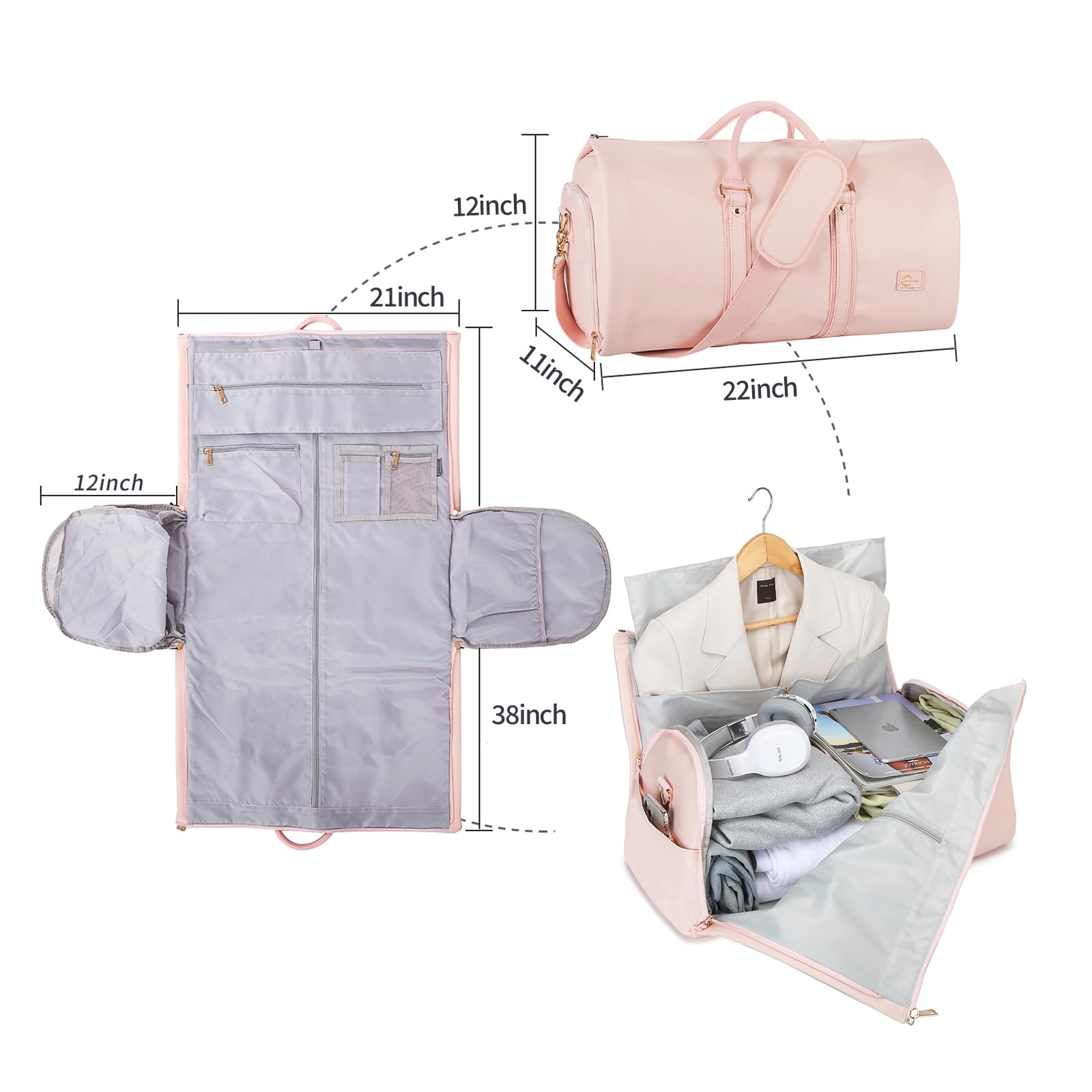 Premium Leather Convertible Carry-On Garment Bag for Women - 2-in-1 Hanging Suitcase with Shoe Pouch | Travel Duffle Bag for Business Trips, Weddings & Vacations | Stylish Pink Women's Travel Accessory Gift