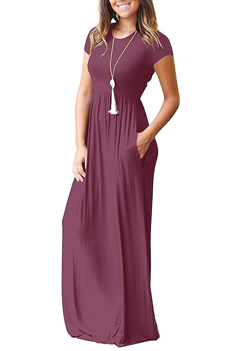 MISFAY Women's Casual Short Sleeve Loose Plain Maxi Dress with Pockets - Summer Beach Long Dress for Vacation, Outdoor, and Daily Wear