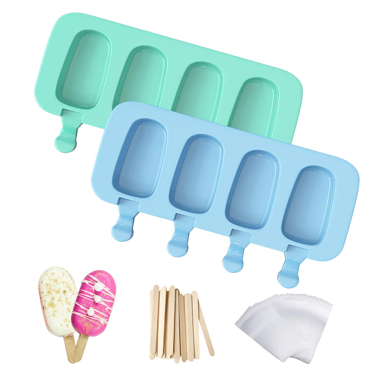 Ozera 2-Pack Reusable Silicone Popsicle Molds for Homemade Ice Cream, Cake Pops & Creamsicles - Includes 50 Wooden Sticks & 50 Popsicle Bags - Perfect for Summer Treats, Kids Snacks & Party Desserts