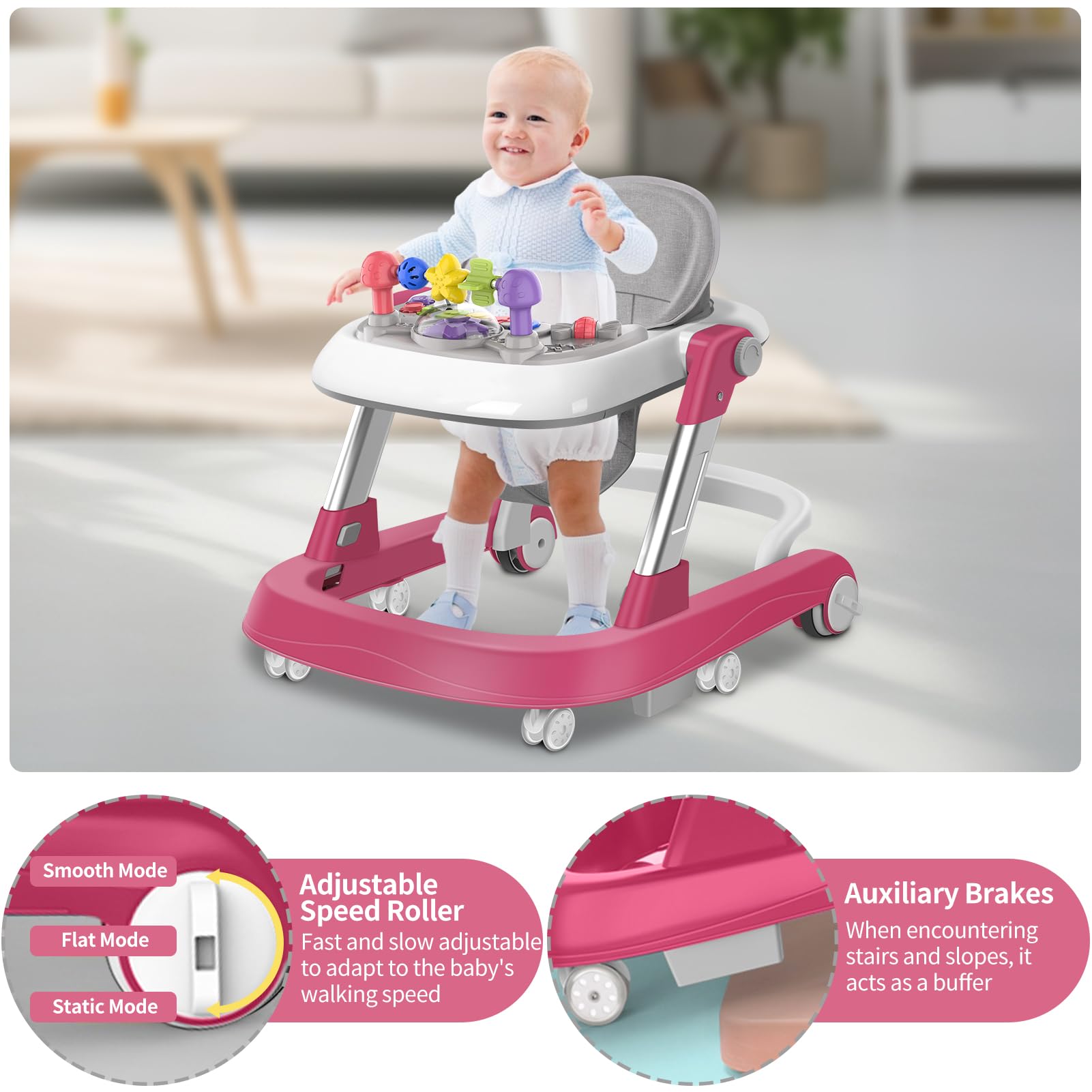 2-in-1 Baby Walker with Wheels | Adjustable Height & Speed Learning Activity Walker | Foldable Infant Walker with Removable Play Tray & Footrest | Walk-Behind & Seated Modes for Boys & Girls 6-18 Months | Perfect for Early Walking Practice & Playtime Development