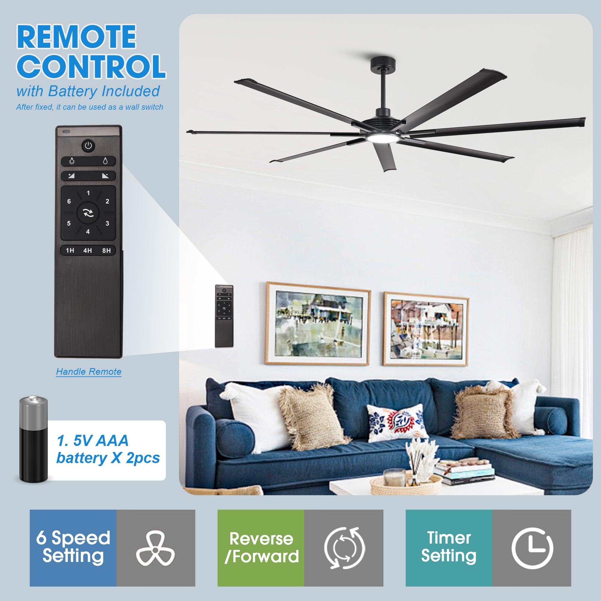 84 Inch & 100 Inch Large Black Ceiling Fan with Remote Control - Dimmable LED Light, Quiet Reversible Motor for Living Room, Bedroom, Patio - Energy Efficient Modern Home Cooling Solution