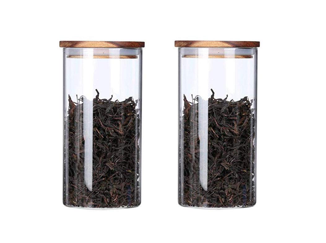 2PCS Clear Glass Food Storage Jars with Airtight Wooden Lids & Silicone Seal - 350ml/11.7oz Kitchen Canisters for Coffee Beans, Tea, Sugar, Candy, Spices - Perfect for Pantry Organization & Countertop Display