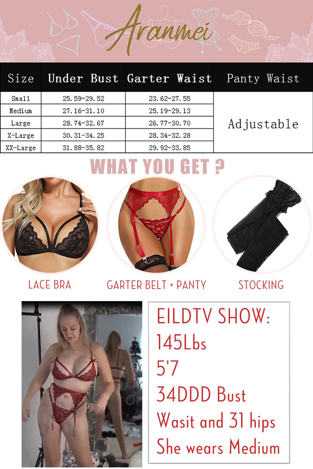 Aranmei 4-Piece Sexy Lingerie Set for Women - Lace Bra, Panty, Garter Belt & Stockings | Perfect for Valentine's Day, Bridal Shower & Romantic Nights