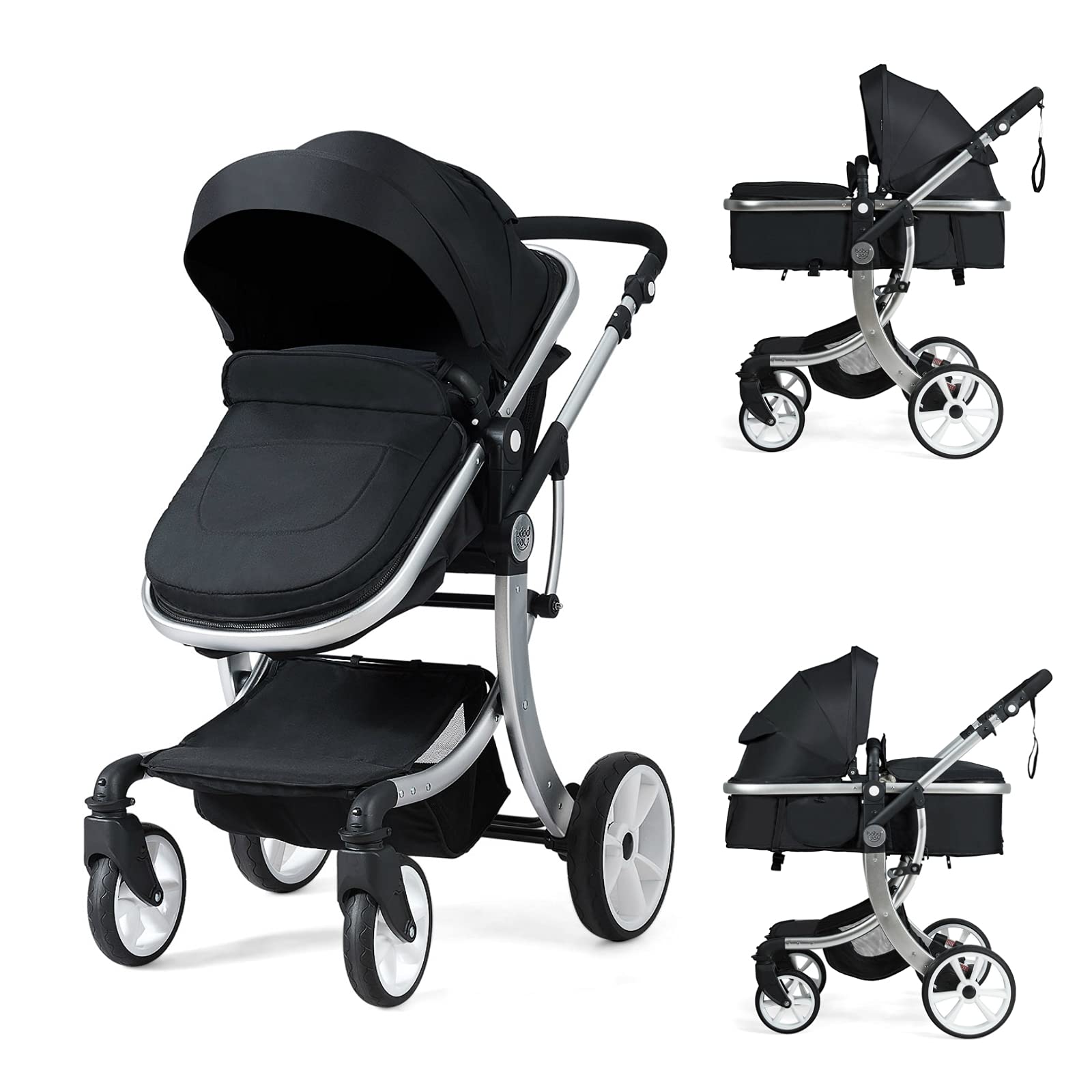 HONEY JOY Baby Stroller - Convertible Infant Bassinet Stroller with Adjustable Canopy & Backrest, Foldable Newborn Carriage with Storage Basket & Foot Cover (Black) | Perfect for Outdoor Walks, Shopping & Travel