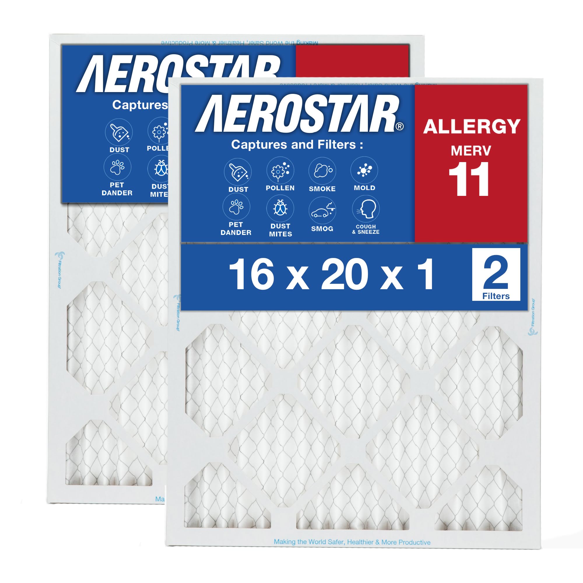 Aerostar 16x20x1 MERV 11 Air Filter for AC & Furnace (2-Pack) - Improves Indoor Air Quality, Reduces Dust & Allergens - Perfect for Homes, Offices & HVAC Systems