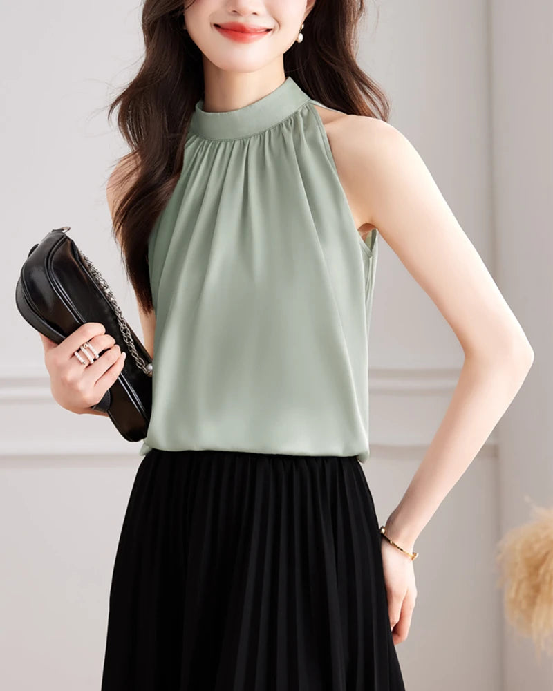 Elegant Mock Neck Sleeveless Silk Blouse for Women - Luxury Breathable Summer Top for Office, Party & Special Occasions
