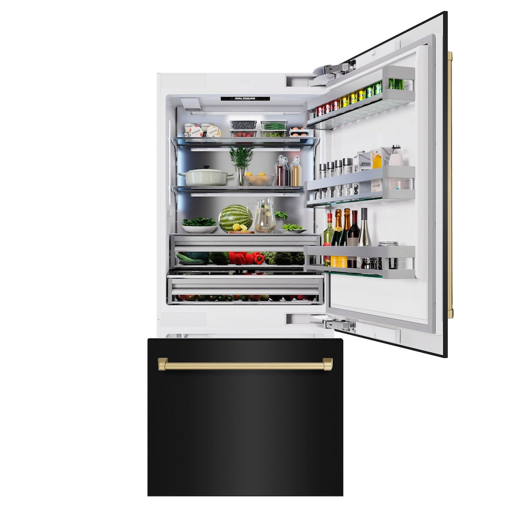 ZLINE Autograph Edition 36 Inch Built-In Bottom Freezer Refrigerator - 19.8 cu.ft Capacity, Black Stainless Steel with Champagne Bronze Accents, Water Dispenser & Ice Maker - Perfect for Modern Kitchens & Open Concept Homes (Model RBITZ BS 36 CB)