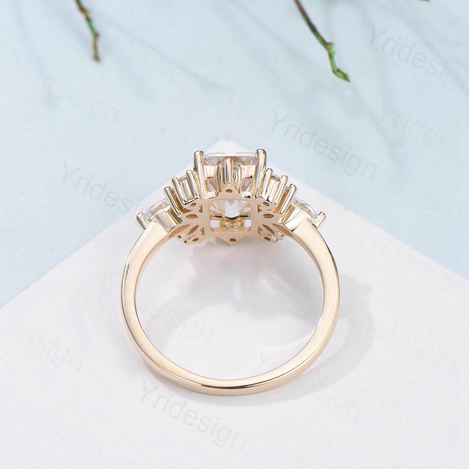 Custom Halo Emerald Cut Moissanite Engagement Ring 14K Yellow Gold - Cluster Marquise Moissanite Wedding Band - Unique Anniversary & Promise Gift for Her - Perfect for Proposals, Weddings & Romantic Occasions