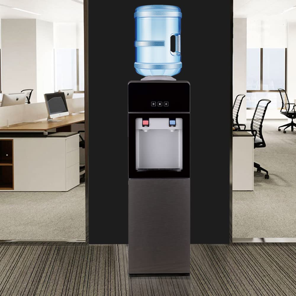 Top Loading Hot & Cold Water Cooler Dispenser for Home & Office - 3/5 Gallon Bottle Capacity with Removable Drip Tray & Storage Cabinet - Ideal for Kitchen, Living Room, Office Break Room (Black)