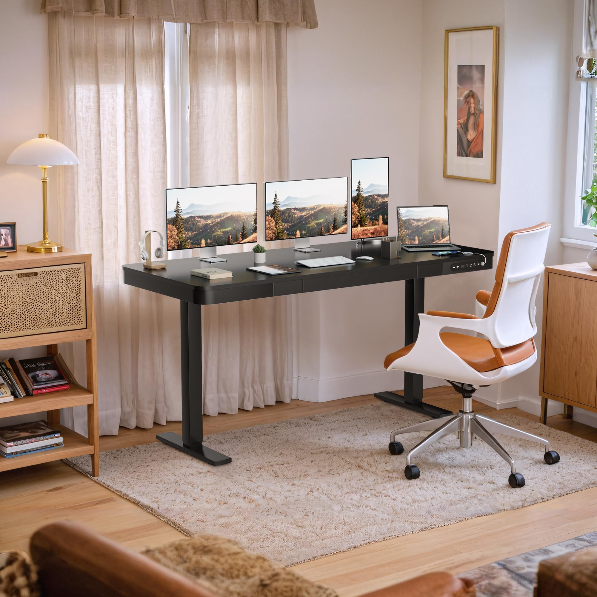 Furmax 55 x 24 Inch Electric Standing Desk with Drawer - Adjustable Height Home Office Computer Desk with USB Ports, Black - Perfect for Remote Work & Ergonomic Workspace Setup