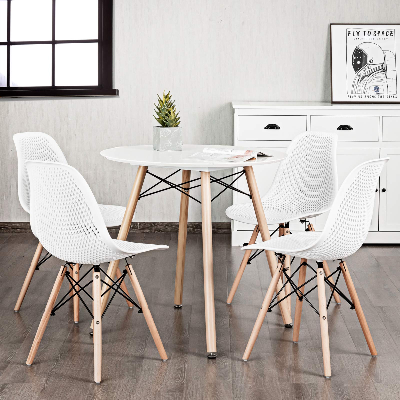 Modern Moccha Set of 4 Dining DSW Chairs with Beech Wood Legs & Mesh Design - Shell PP Lounge Side Chairs for Dining Room, Living Room, Kitchen - Perfect for Home Decor, Small Spaces & Entertaining Guests (White)