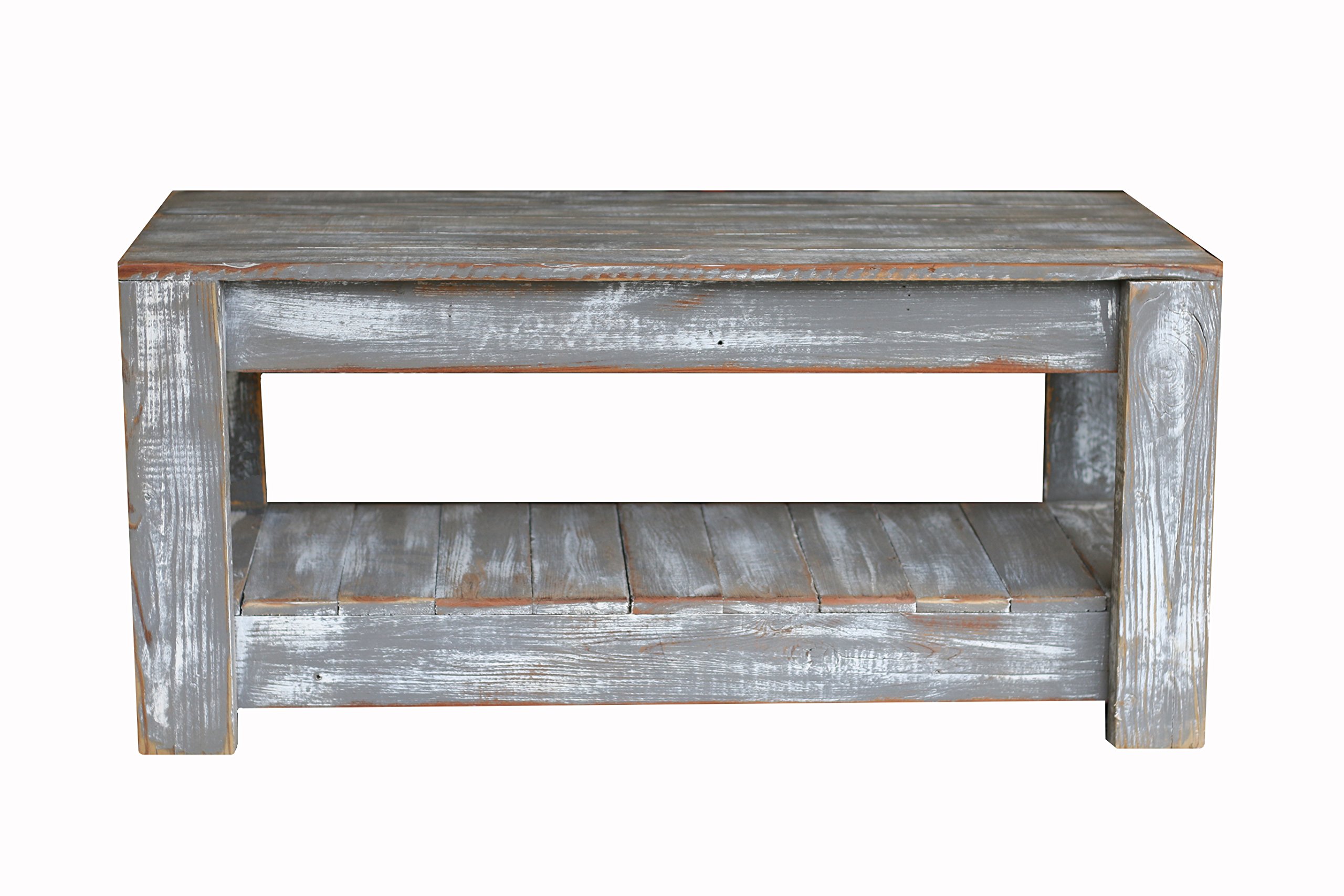 Rustic Weathered Grey Coffee Table with Lower Shelf - Farmhouse Style Living Room Furniture for Home Decor & Small Space Saving Design
