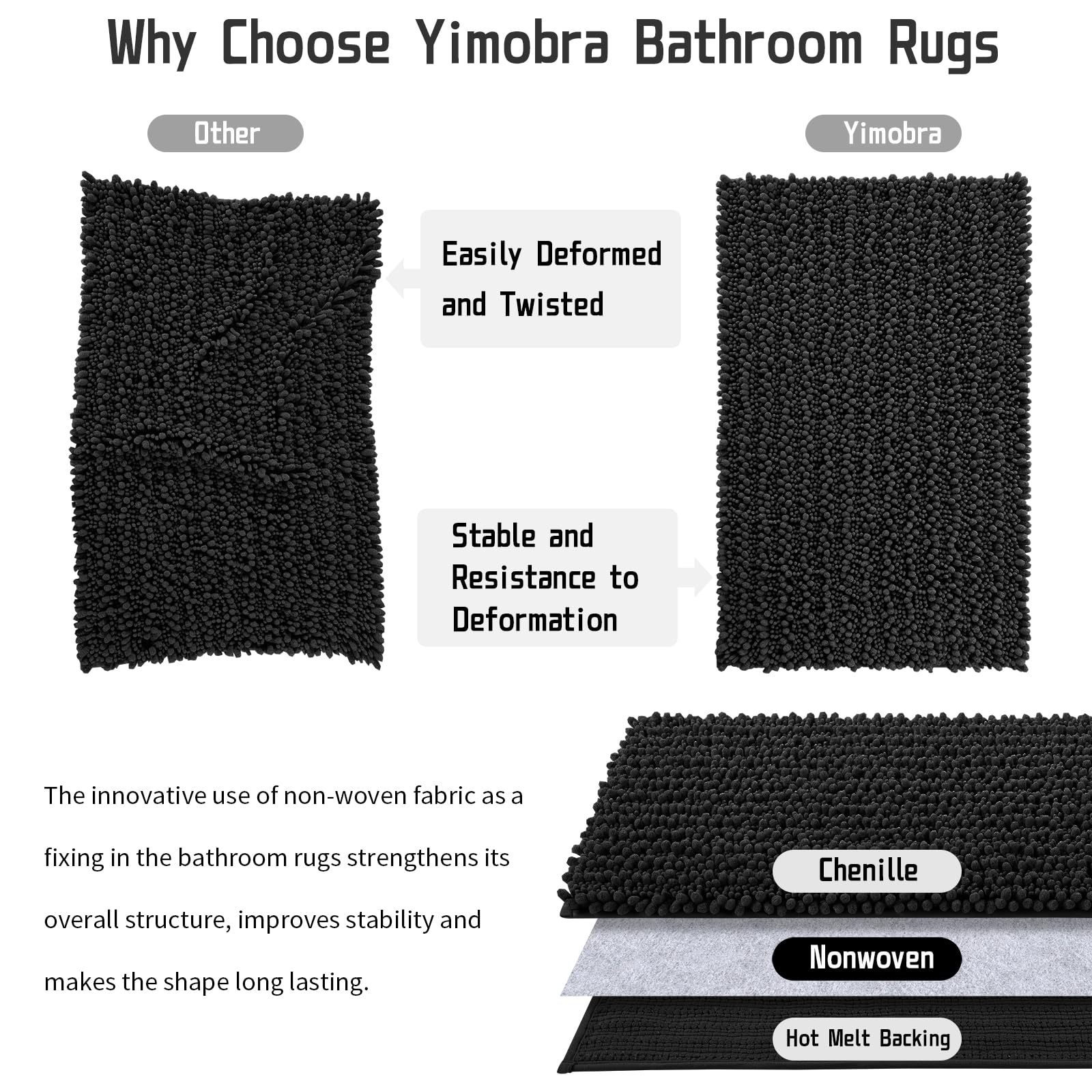 Yimobra Extra Soft Chenille Bath Rug Mat - 55.1 x 24 Inch Large Non-Slip Shaggy Bathroom Mat | Super Absorbent Microfiber Bath Mat for Floor, Tub & Shower | Machine Washable | Black | Perfect for Bathroom Safety and Luxury Comfort