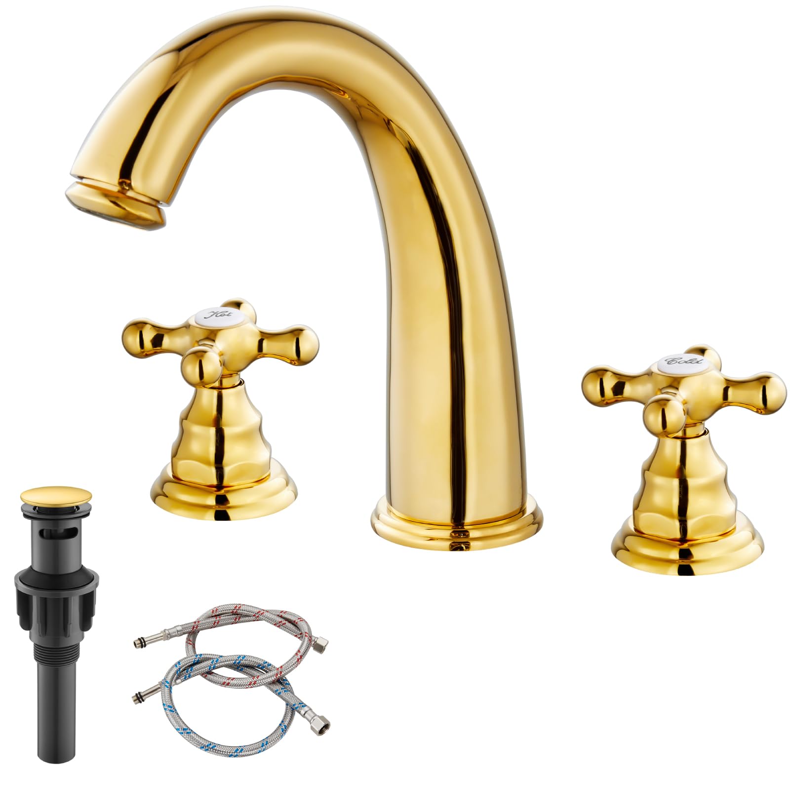 Gotonovo 8 Inch Widespread Bathroom Sink Faucet - 3 Hole Deck Mount with Cross Handles & Pop Up Drain - Polished Gold Finish - Perfect for Modern Bathroom Renovations and Luxury Home Decor