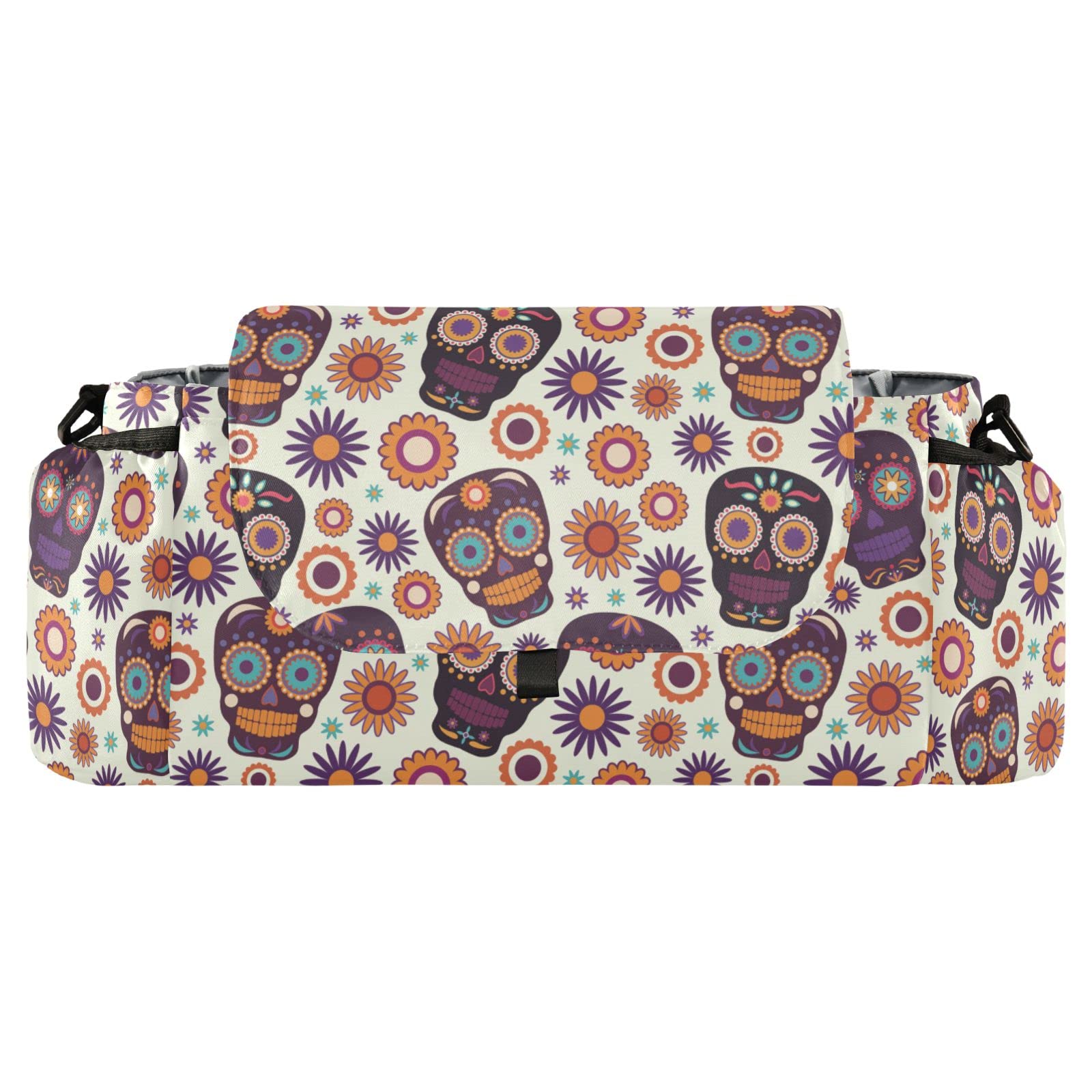 Universal Baby Stroller Organizer Bag with 2 Cup Holders & Adjustable Strap - Large Diaper Tote for Essentials - Fits All Strollers for Boys & Girls - Perfect for Travel, Shopping & Halloween Skull Theme