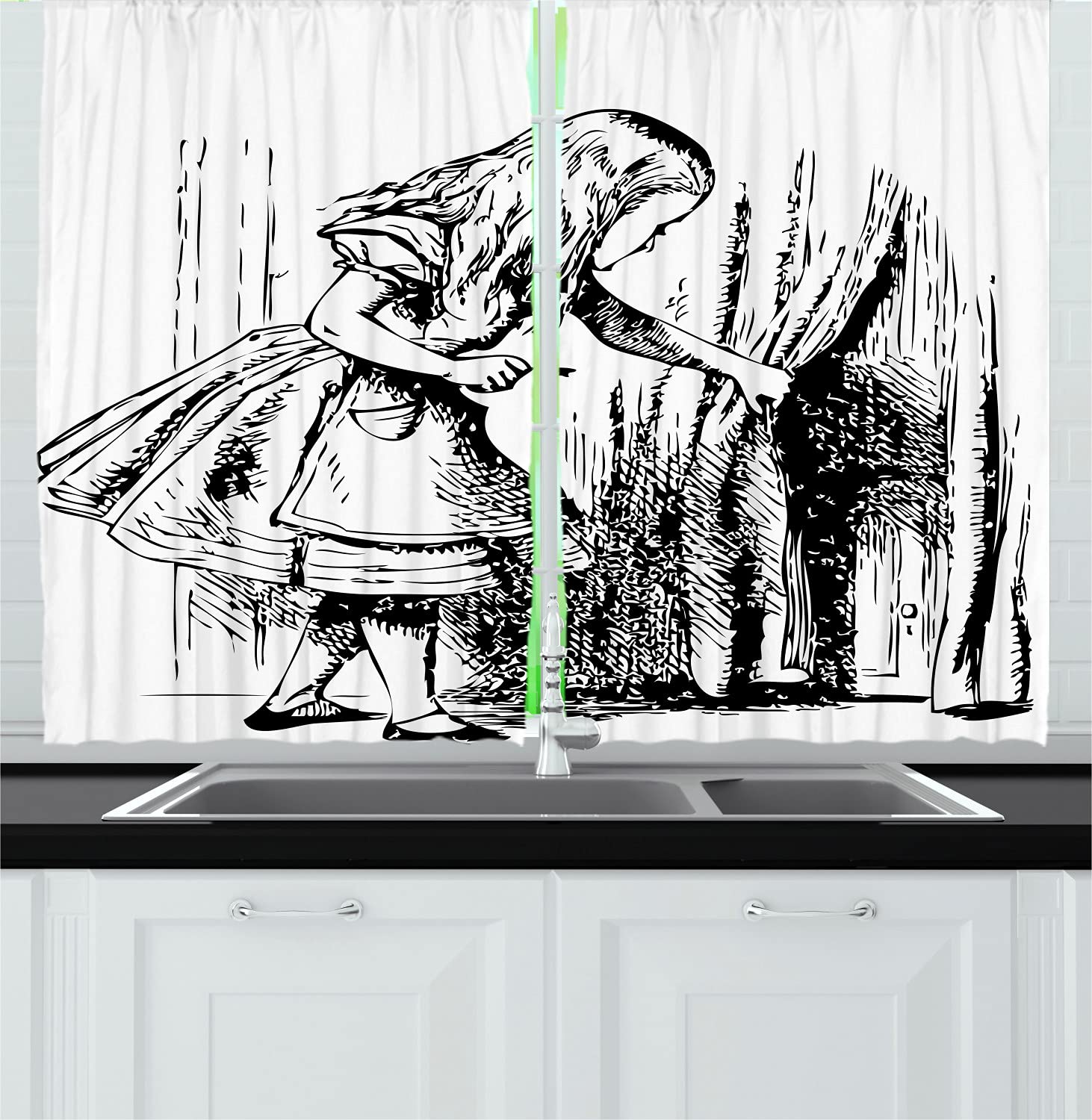 Ambesonne Alice in Wonderland Long Kitchen Curtains - Black & White Alice Through the Looking Glass Design - 2 Panel Rod Pocket Drapes 55x45 Inches - Perfect for Themed Kitchens, Living Rooms & Fantasy Decor