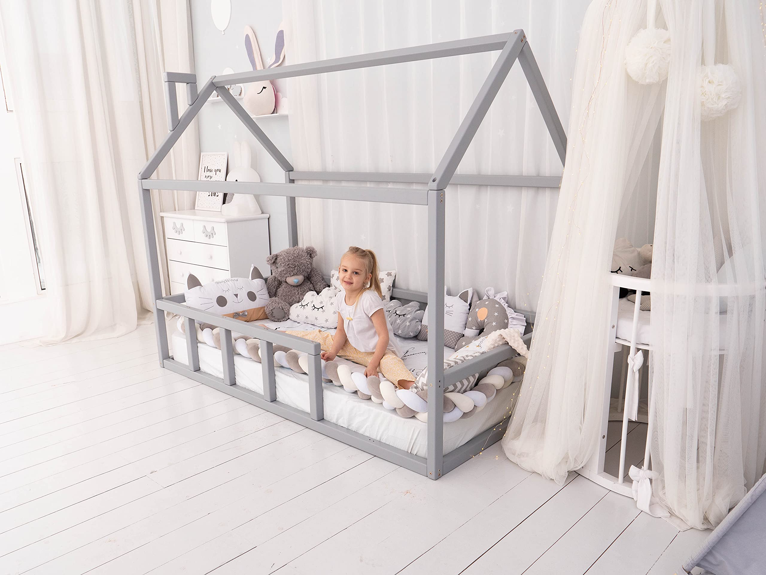 BUSYWOOD Montessori Twin House Bed - Toddler Floor Bed Frame for Kids - Grey Model 2 | Safe & Sturdy Kids Furniture for Playroom & Bedroom | Perfect Montessori Bed for Toddlers' Sleep & Play Space