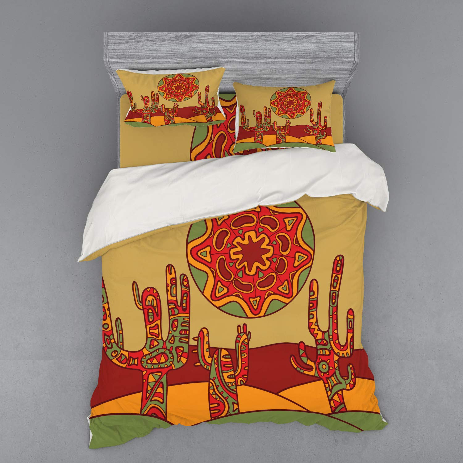 Ambesonne Cactus Duvet Cover Set - 4 Piece Queen Size Bedding Set with 2 Pillow Shams & Fitted Sheet, Cartoon Cactus Design with Oriental Art Print, Multicolor - Perfect for Boho Bedroom Decor, Kids Room or Desert Theme Home