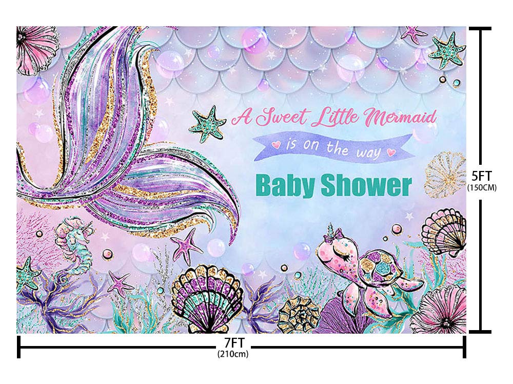 MEHOFOND 7x5ft Mermaid Baby Shower Backdrop - Under The Sea Photo Banner with Turtle & Scales for Girl's Shower Decor, Cake Table, Wall Decor | Perfect for Mermaid Theme Baby Showers, Birthday Parties & Underwater Photo Booths