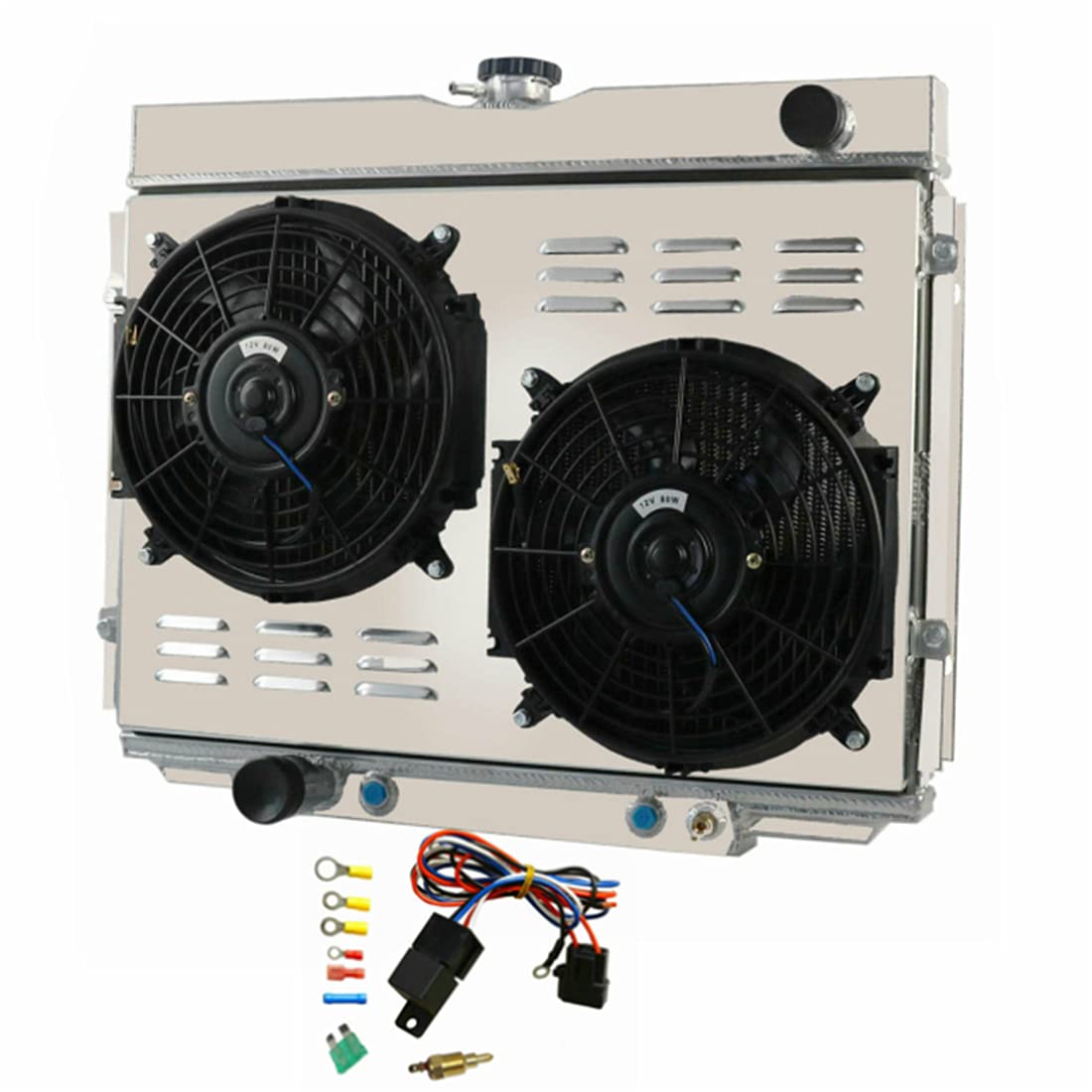 1967-1970 Ford Mustang 4 Row Aluminum Radiator Kit with Fan Shroud & Thermostat Relay - Compatible with 67-68 Falcon, 67-69 Fairlane Ranchero & 68-70 Mercury Cougar - Perfect for Engine Cooling System Upgrades & Restoration Projects