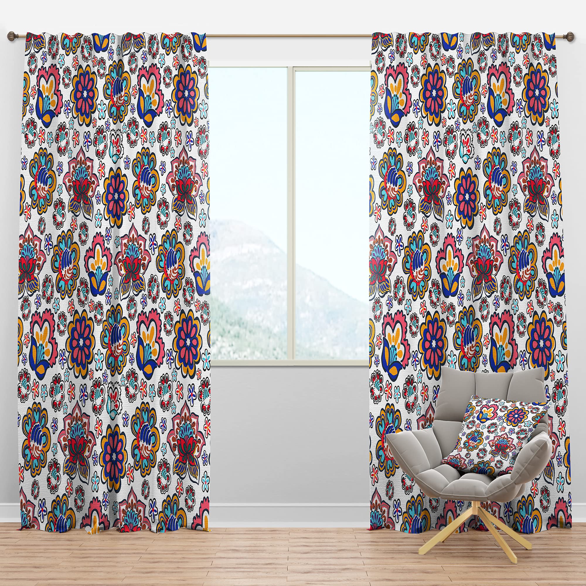DesignQ Blackout Curtains 'Retro Handdrawn Flowers II' - Thermal Insulated Single Panel Window Drapes 52x63 Inches - Bedroom & Living Room Curtains for Light Blocking, Noise Reduction & Energy Saving - Perfect for Home Decor, Nursery, and Office Spaces
