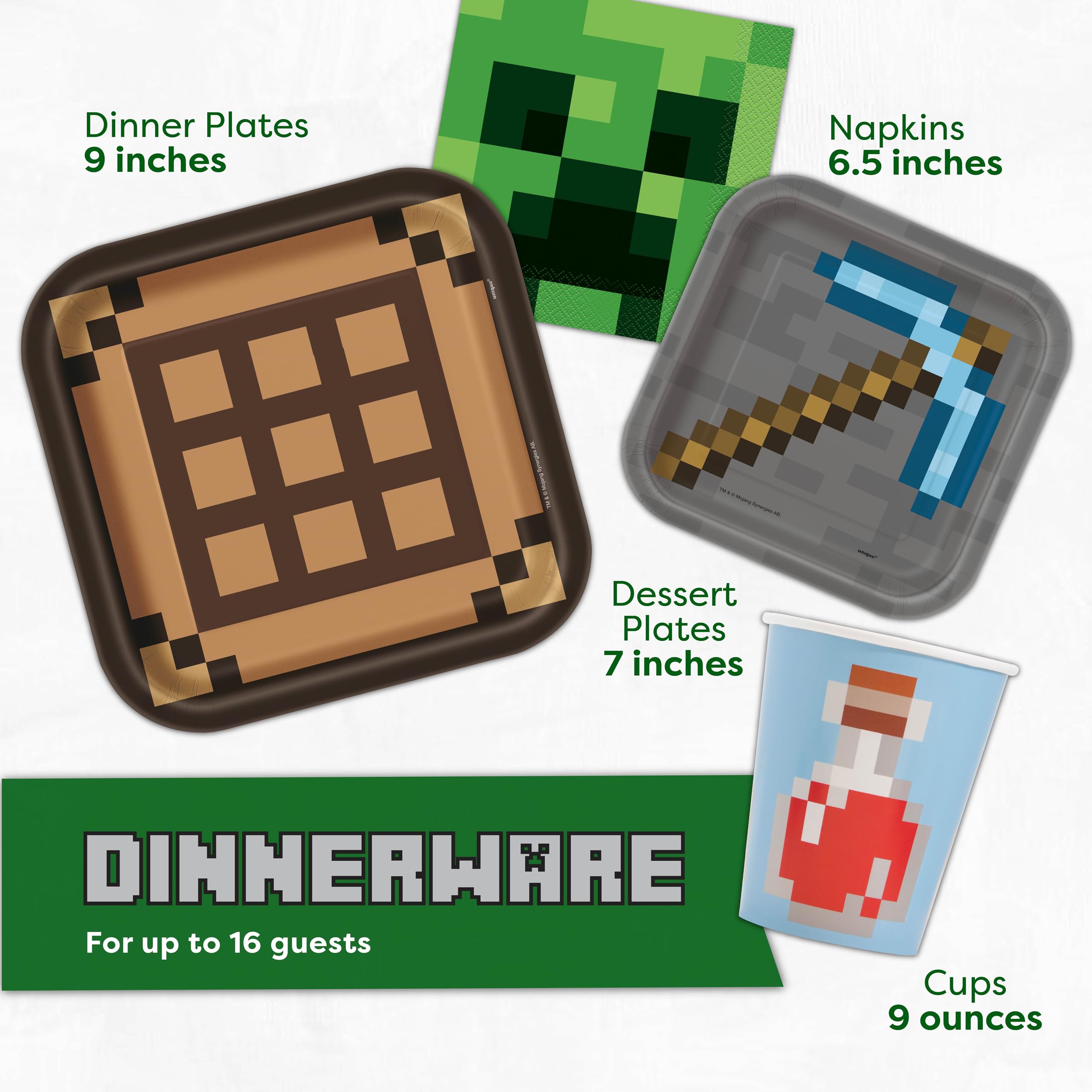Minecraft Party Supplies Set for 16 Guests - Includes Table Cover, Plates, Napkins, Cups & Buttons - Perfect for Birthday Parties, Themed Events & Gaming Celebrations