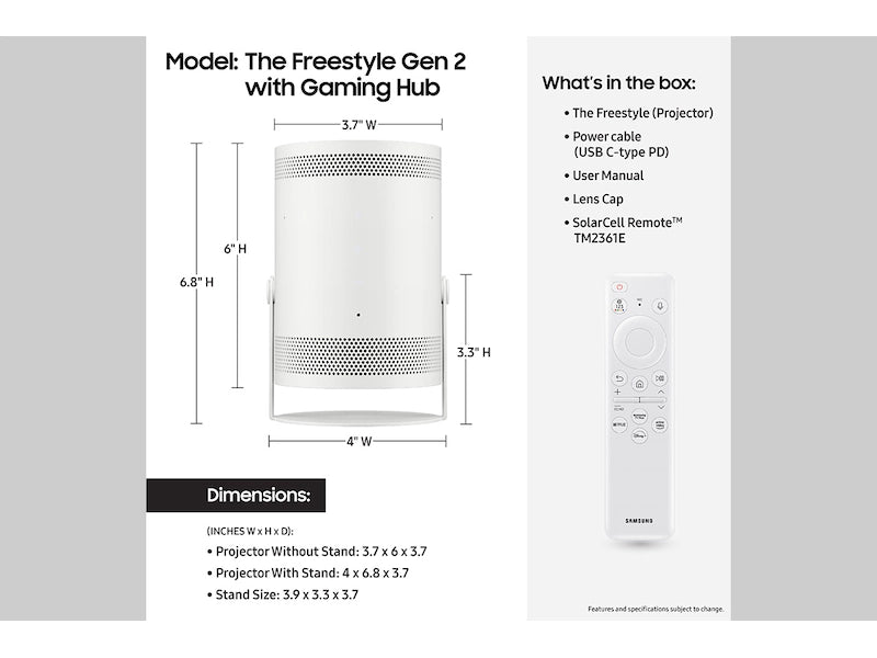 Samsung The Freestyle 2nd Gen Portable Smart Projector with Gaming Hub - Perfect for Home Theater, Gaming & Outdoor Movie Nights