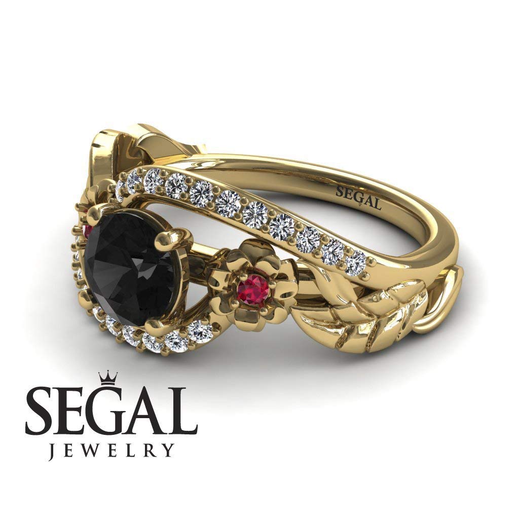 Exquisite 14K Yellow Gold Unique Engagement Ring with Black Diamond, Ruby & White Diamond Floral Leaf Design - Perfect for Proposals, Anniversaries & Special Occasions