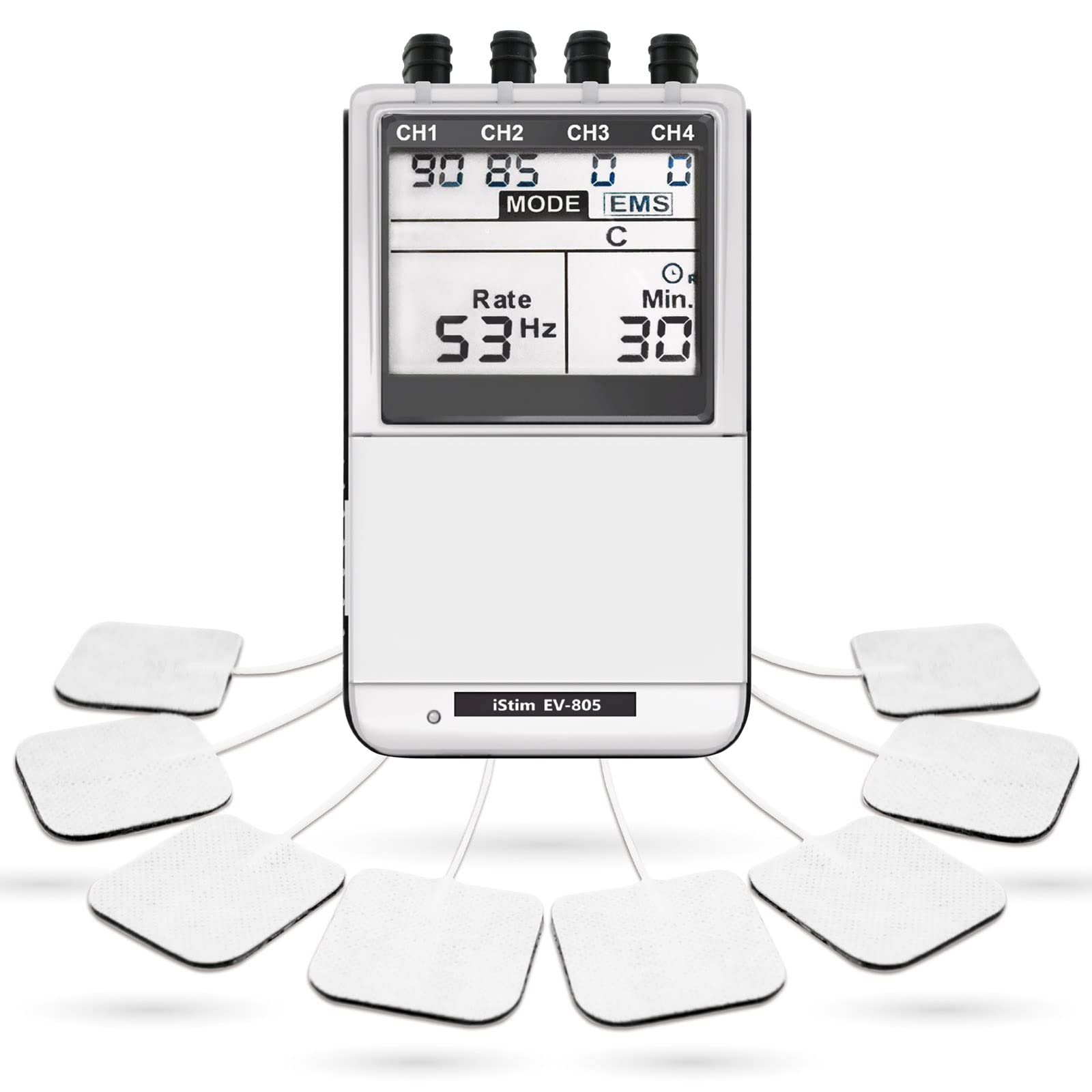 iSTIM EV-805 TENS EMS 4 Channel Rechargeable Muscle Stimulator - 24 Programs with Backlit Display for Pain Relief & Muscle Recovery - Includes Electrode Pads - Perfect for Back Pain, Sports Recovery & Physical Therapy
