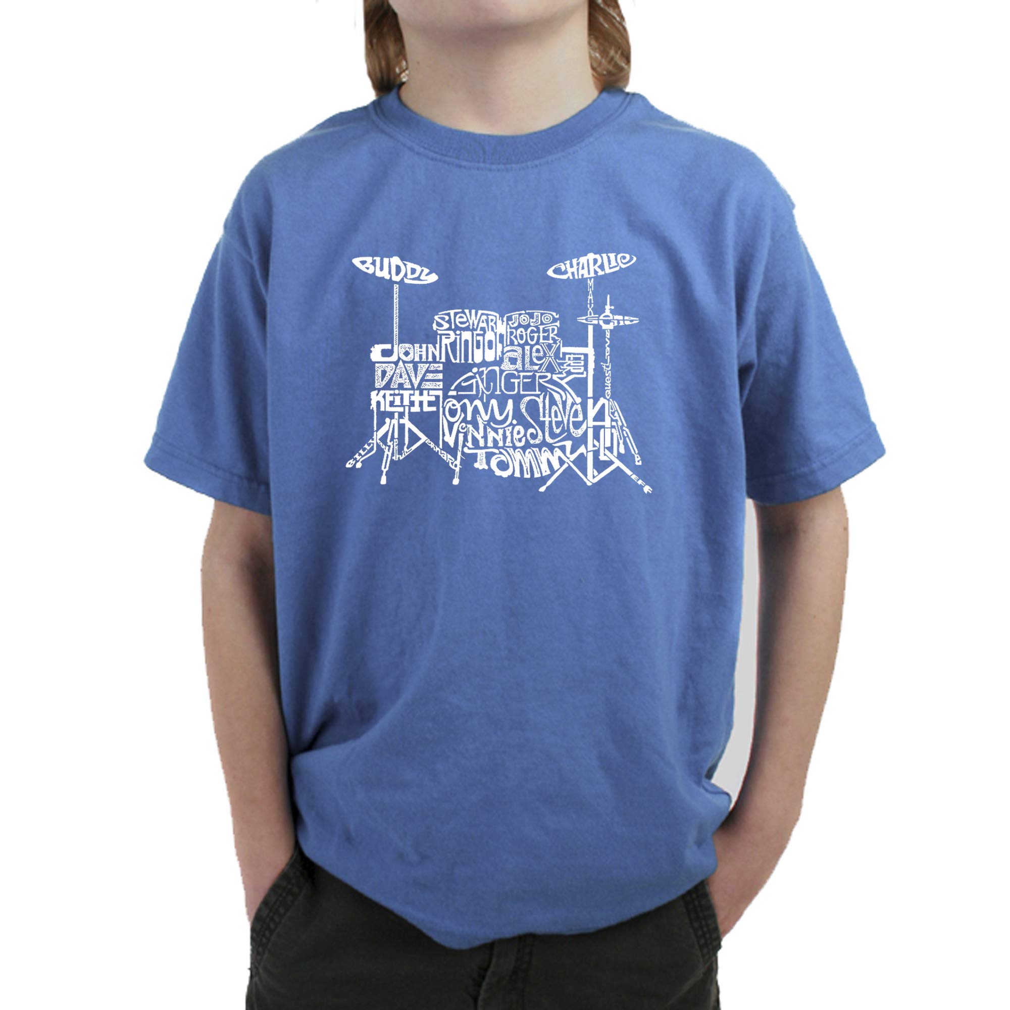 LA POP ART Boys' Word Art T-Shirt - Cool Drums Design Graphic Tee for Kids & Teens | Perfect for Music Lovers, Concerts & Casual Wear