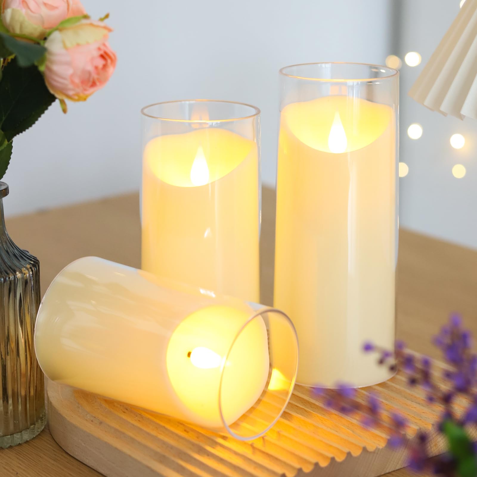 Battery Operated LED Flameless Pillar Candles Set of 5 with Remote & Timer - Ivory Plexiglass Flickering Candles (3