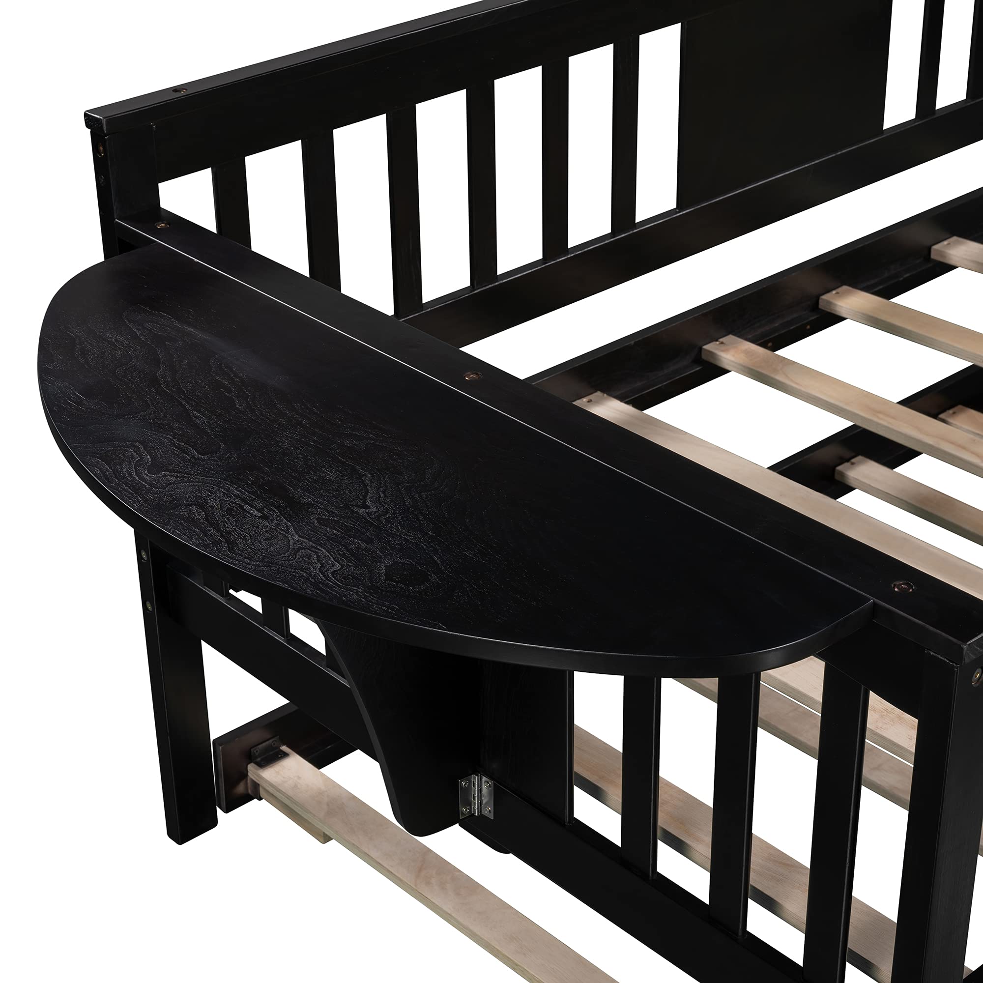 P PURLOVE Twin Daybed with Trundle - Solid Wood Daybed Frame with Built-in Folding Tables on Both Sides - No Box Spring Needed - Perfect for Small Spaces, Guest Rooms, Dorms & Living Rooms (Espresso Finish)