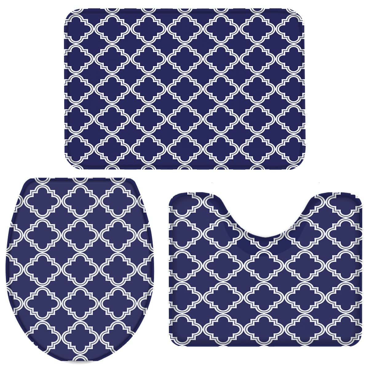 Premium Moroccan Texture 3-Piece Bathroom Rug Set - Anti-Slip Memory Foam Bath Mat with U-Shaped Toilet Mat - Super Absorbent & Machine Washable for Shower, Tub & Bathroom Floor - Navy Blue Geometric Tile Design - Perfect for Modern & Cozy Bathrooms